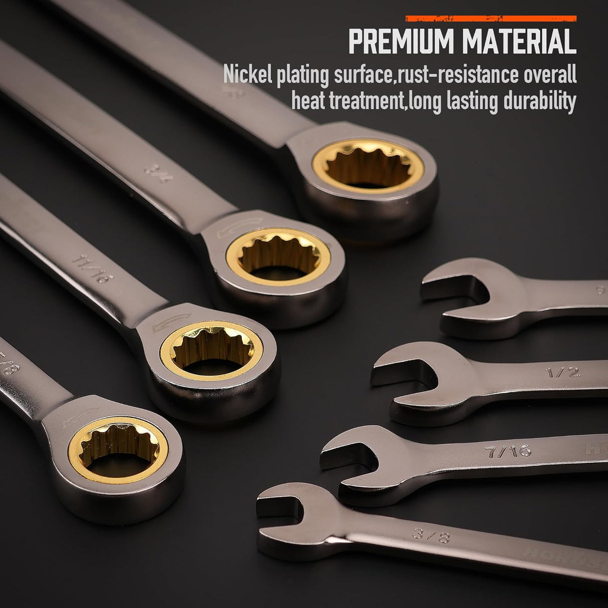 HORUSDY 12-piece ratcheting combination wrench set with CR-V steel construction, 72-tooth gear, and organizer tray