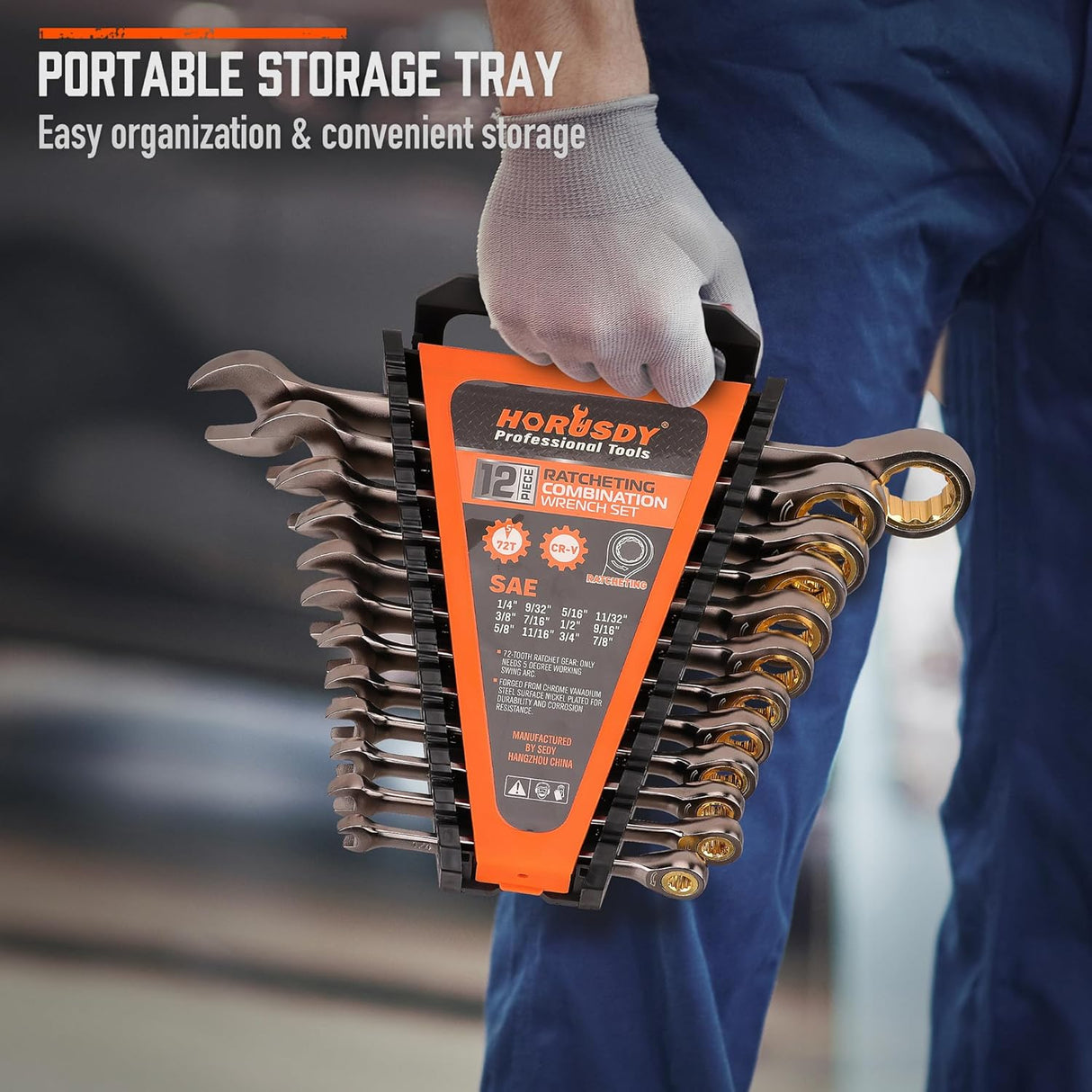 HORUSDY 12-piece ratcheting combination wrench set with CR-V steel construction, 72-tooth gear, and organizer tray