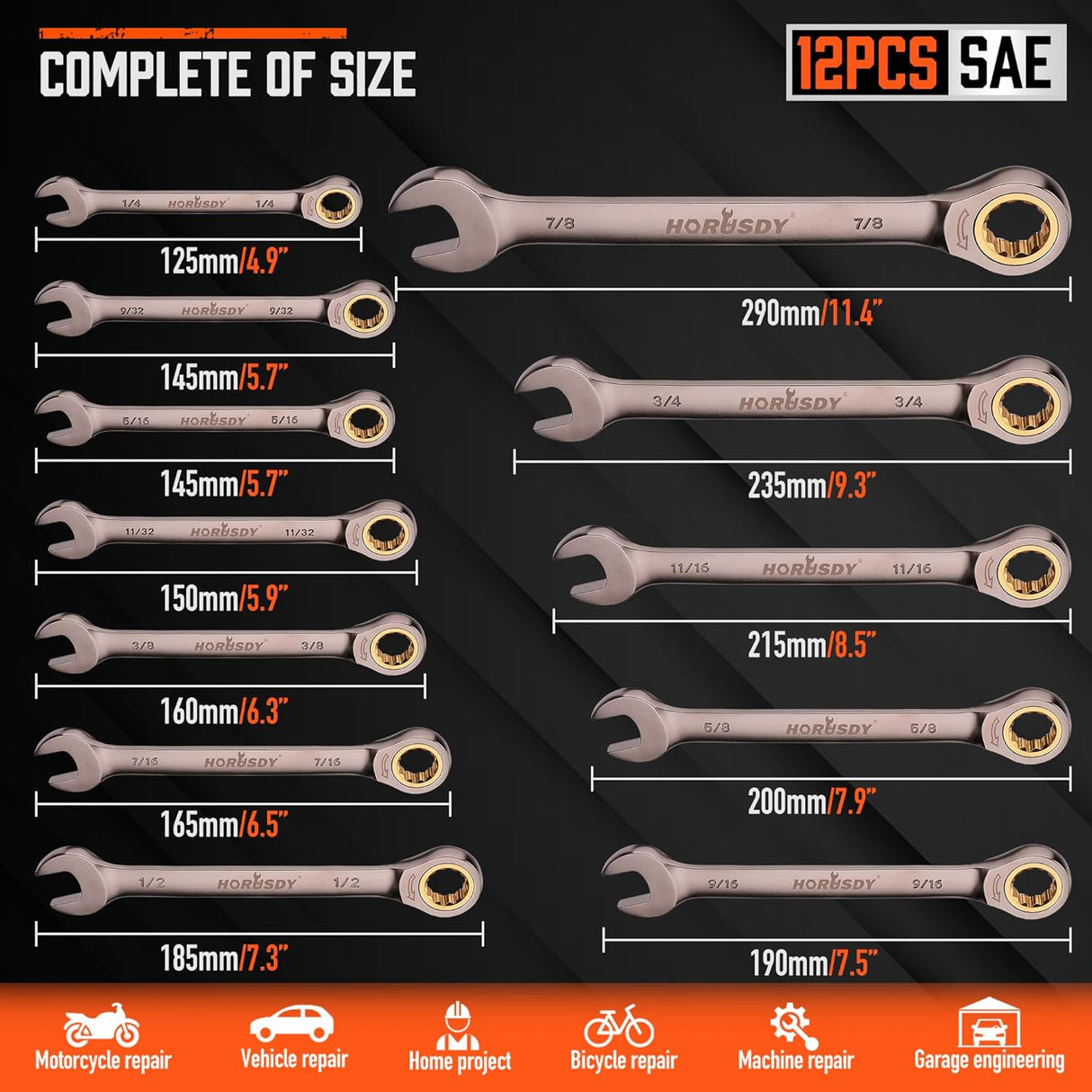 HORUSDY 12-piece ratcheting combination wrench set with CR-V steel construction, 72-tooth gear, and organizer tray