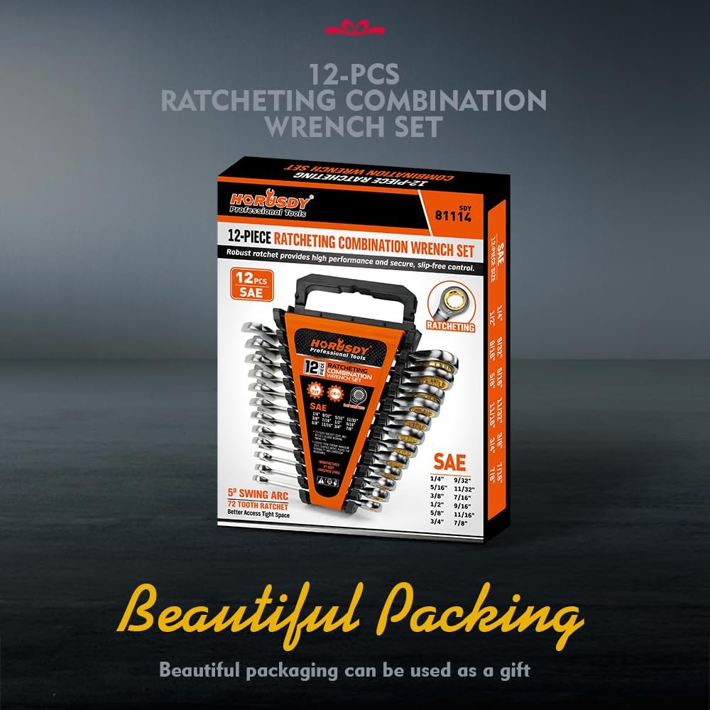 HORUSDY 12-piece ratcheting combination wrench set with CR-V steel construction, 72-tooth gear, and organizer tray