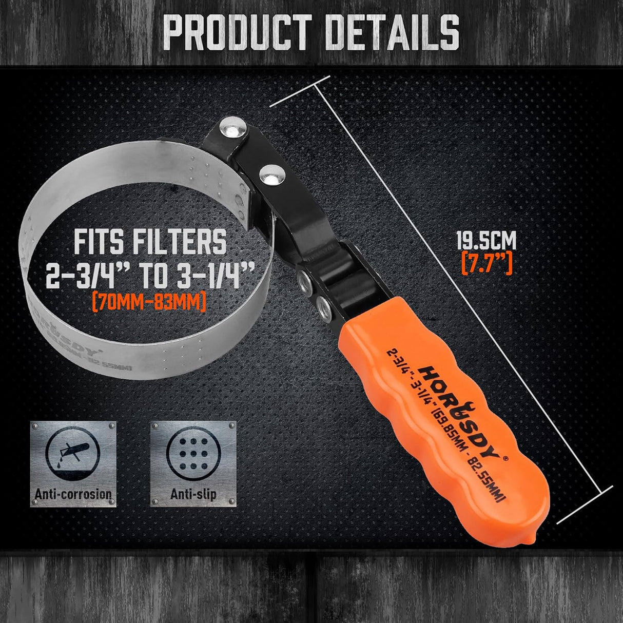 HORUSDY Adjustable Oil Filter Wrench with Stainless Steel Band and Swivel Handle for Easy Removal