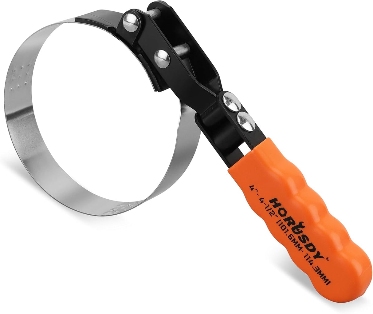 HORUSDY adjustable oil filter wrench with orange ergonomic handle and stainless steel band