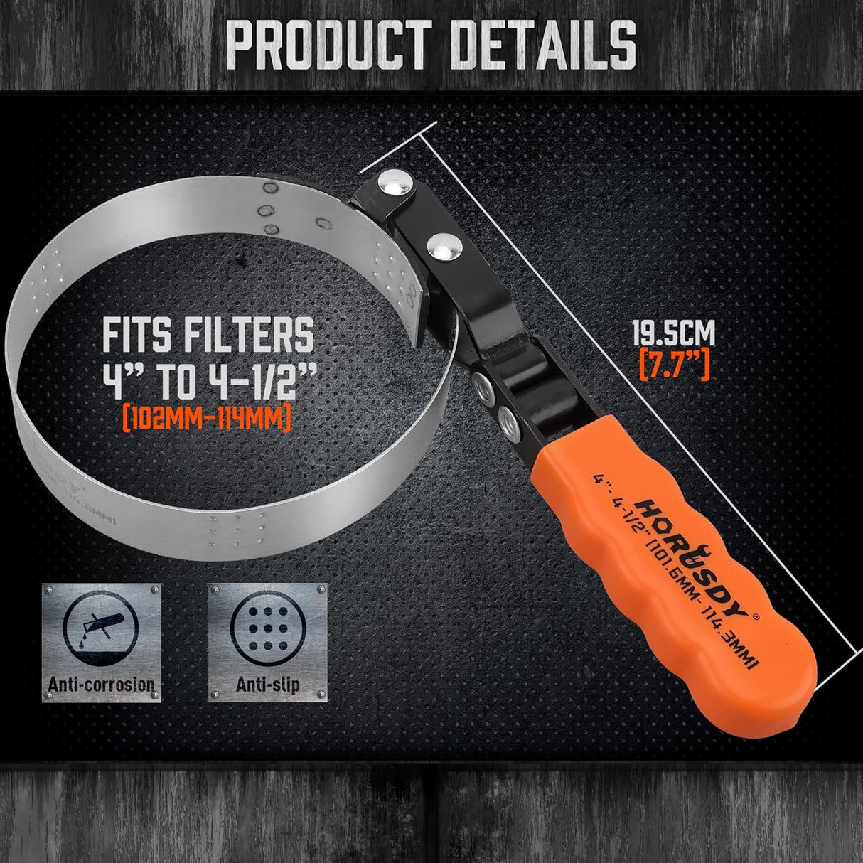HORUSDY adjustable oil filter wrench with orange ergonomic handle and stainless steel band