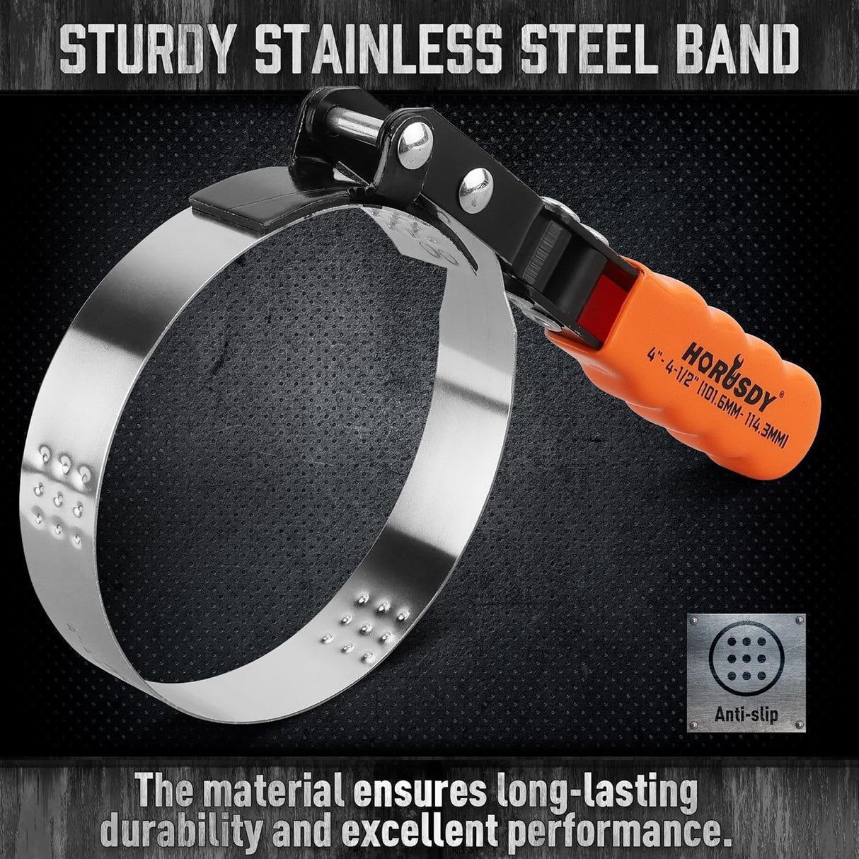 HORUSDY adjustable oil filter wrench with orange ergonomic handle and stainless steel band