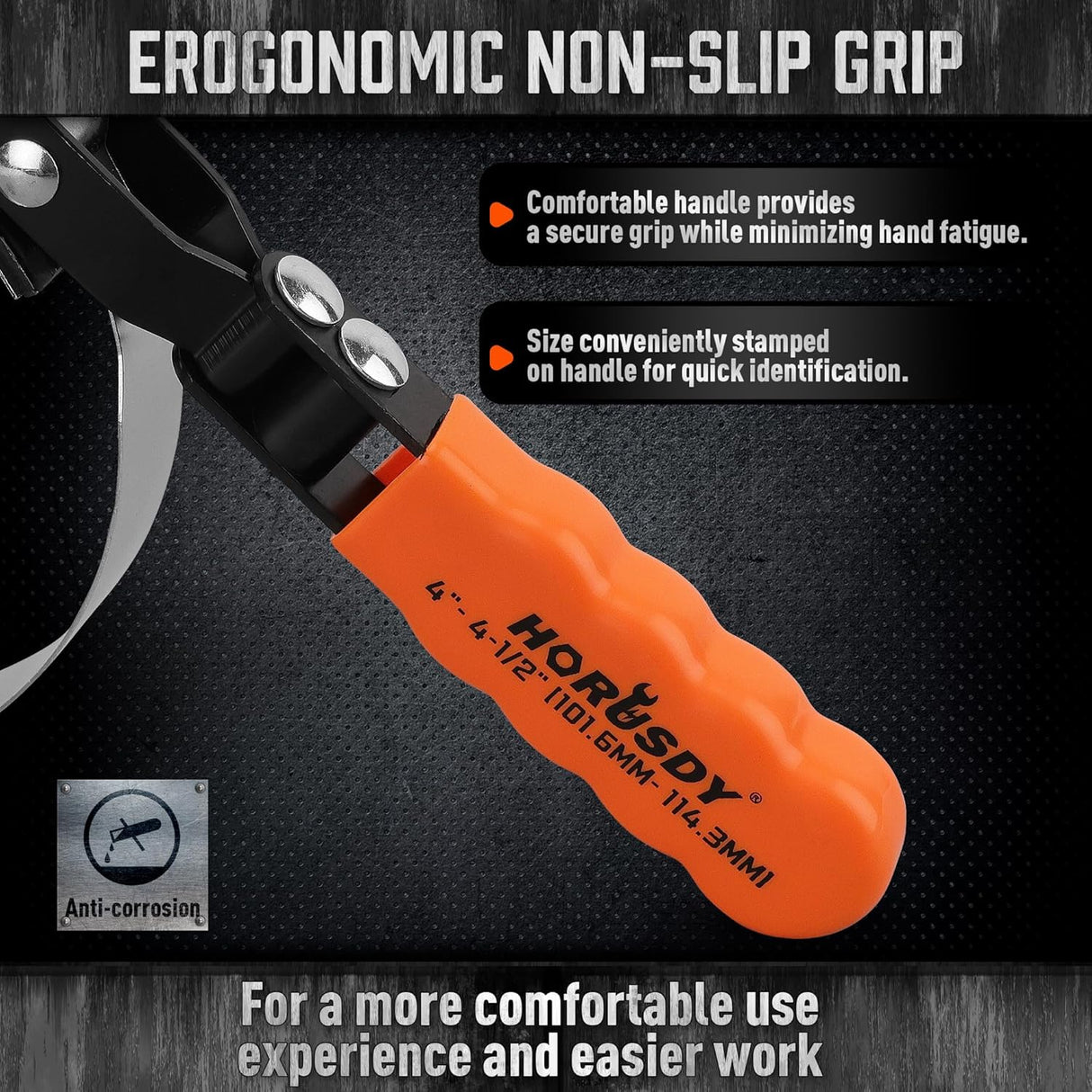 HORUSDY adjustable oil filter wrench with orange ergonomic handle and stainless steel band