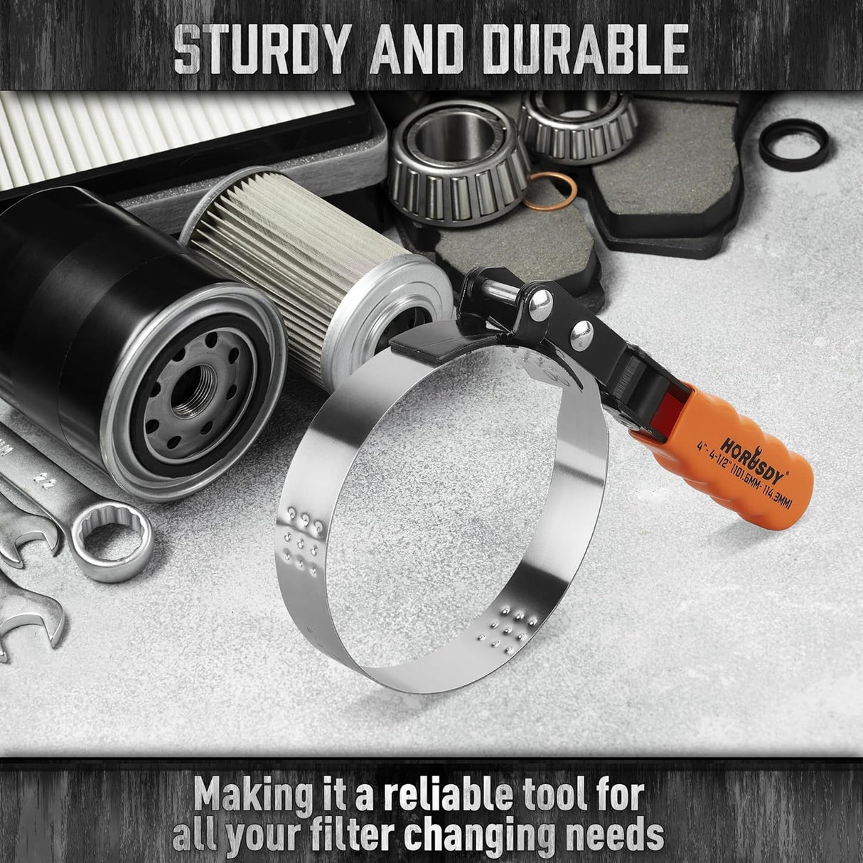 HORUSDY adjustable oil filter wrench with orange ergonomic handle and stainless steel band