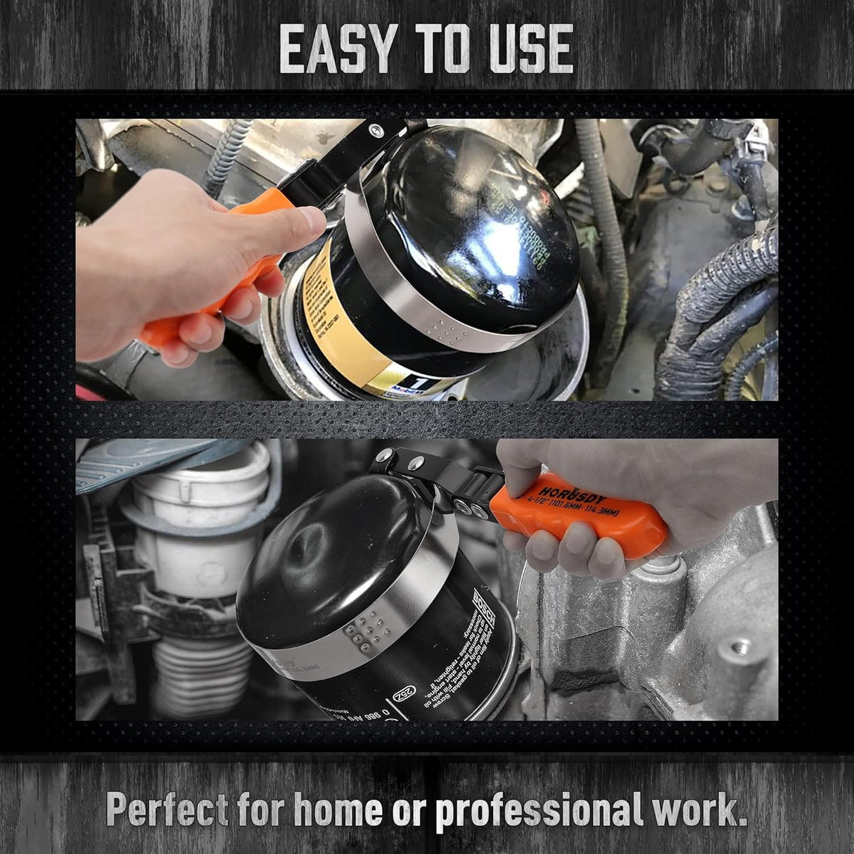 HORUSDY adjustable oil filter wrench with orange ergonomic handle and stainless steel band