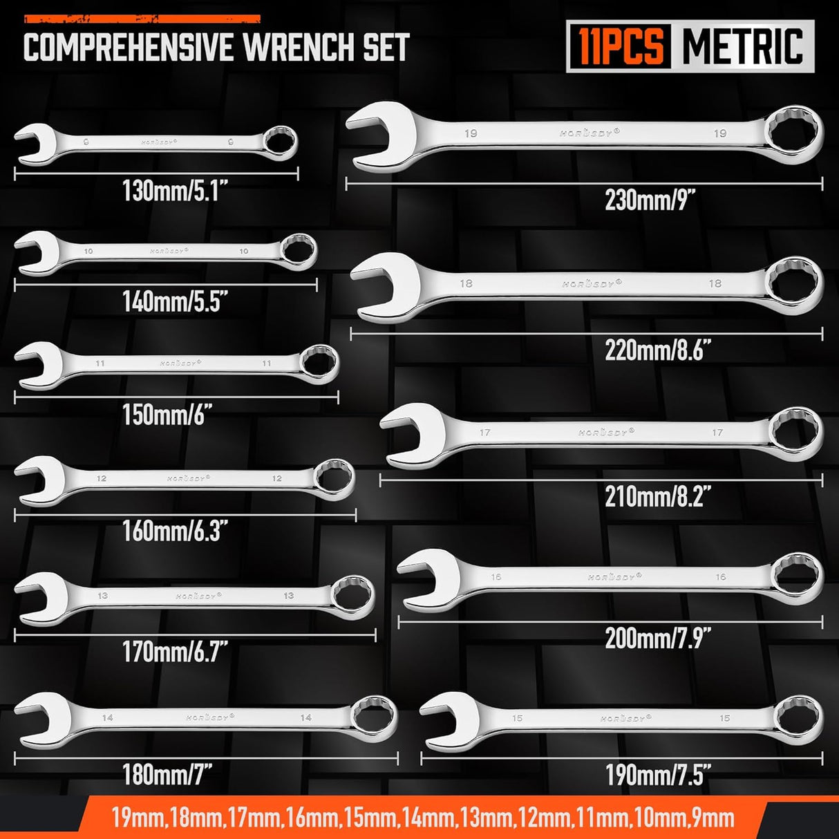 HORUSDY 22-piece combination wrench set with SAE and metric sizes, polished CR-V steel, and storage organizer