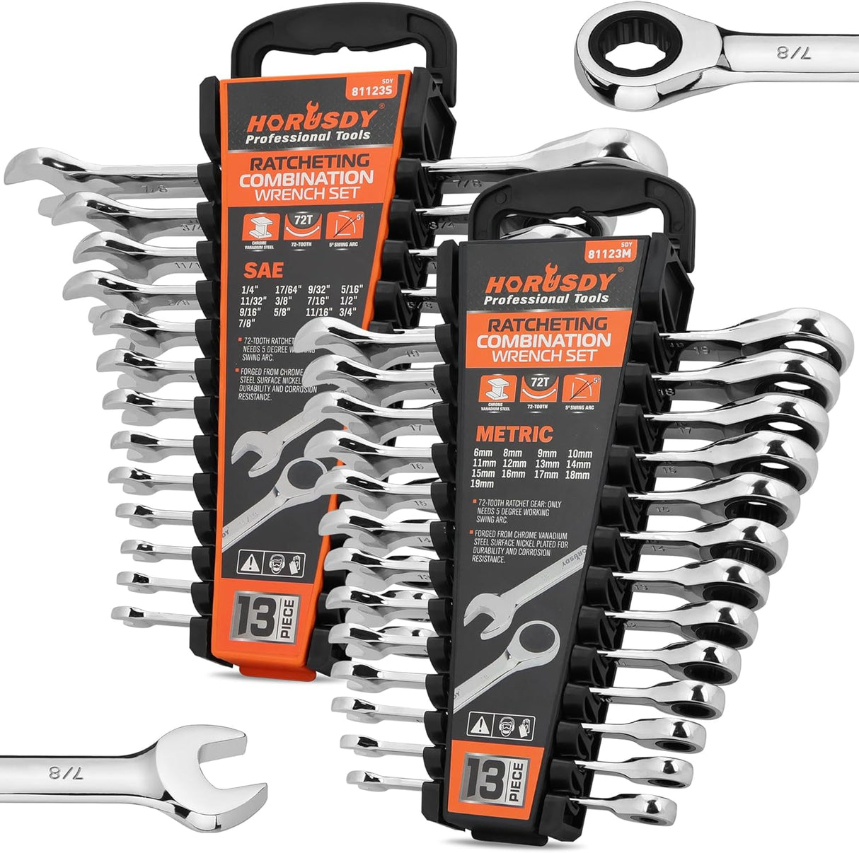 HORUSDY 26-piece ratcheting wrench set with SAE and metric sizes, CR-V steel, and carrying tray