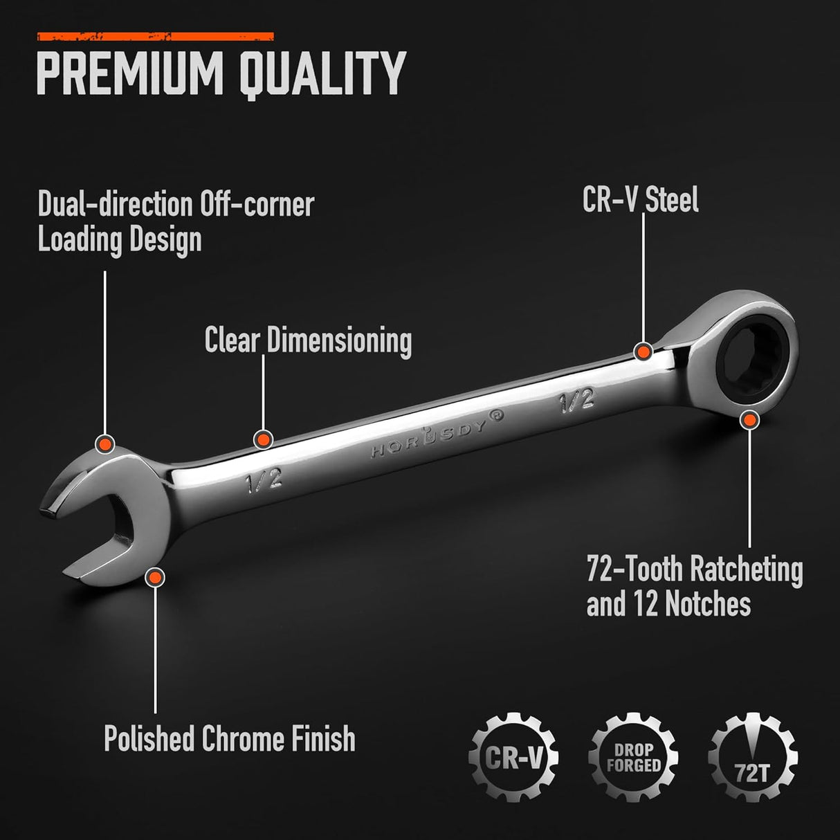 HORUSDY 26-piece ratcheting wrench set with SAE and metric sizes, CR-V steel, and carrying tray