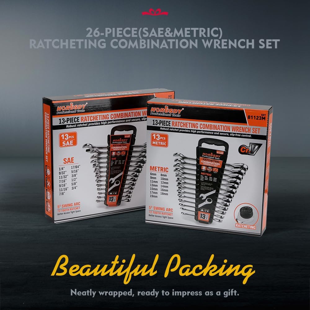 HORUSDY 26-piece ratcheting wrench set with SAE and metric sizes, CR-V steel, and carrying tray