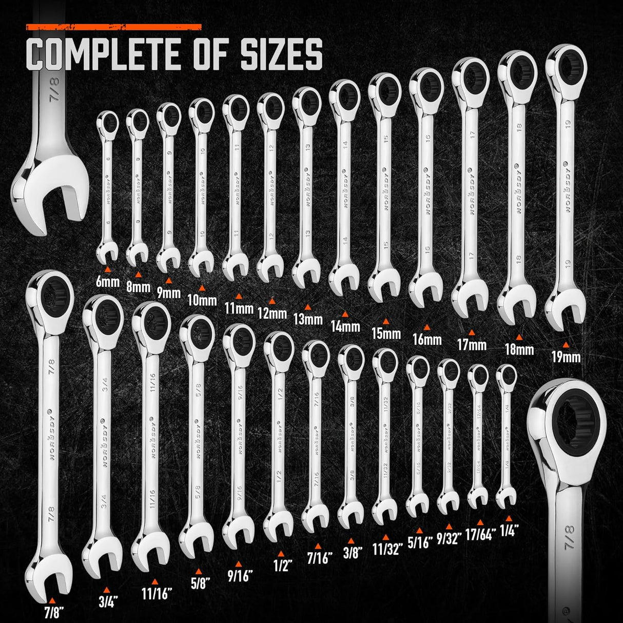 HORUSDY 26-piece ratcheting wrench set with SAE and metric sizes, CR-V steel, and carrying tray