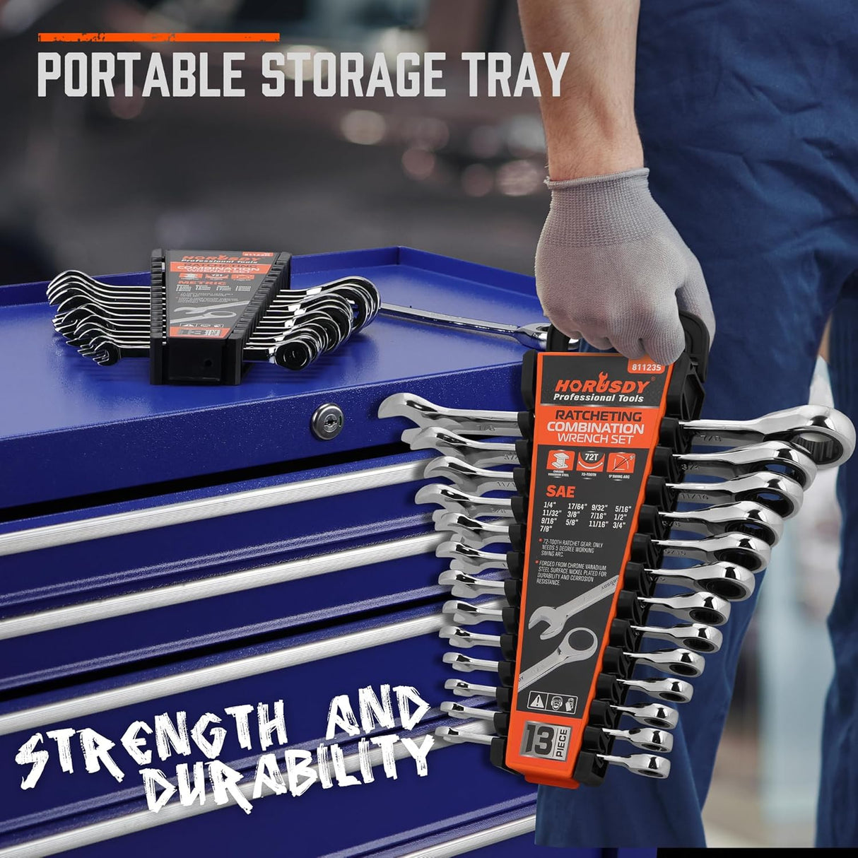 HORUSDY 26-piece ratcheting wrench set with SAE and metric sizes, CR-V steel, and carrying tray