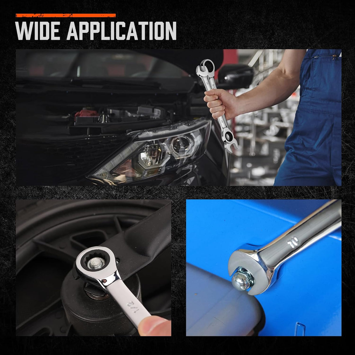 HORUSDY 26-piece ratcheting wrench set with SAE and metric sizes, CR-V steel, and carrying tray