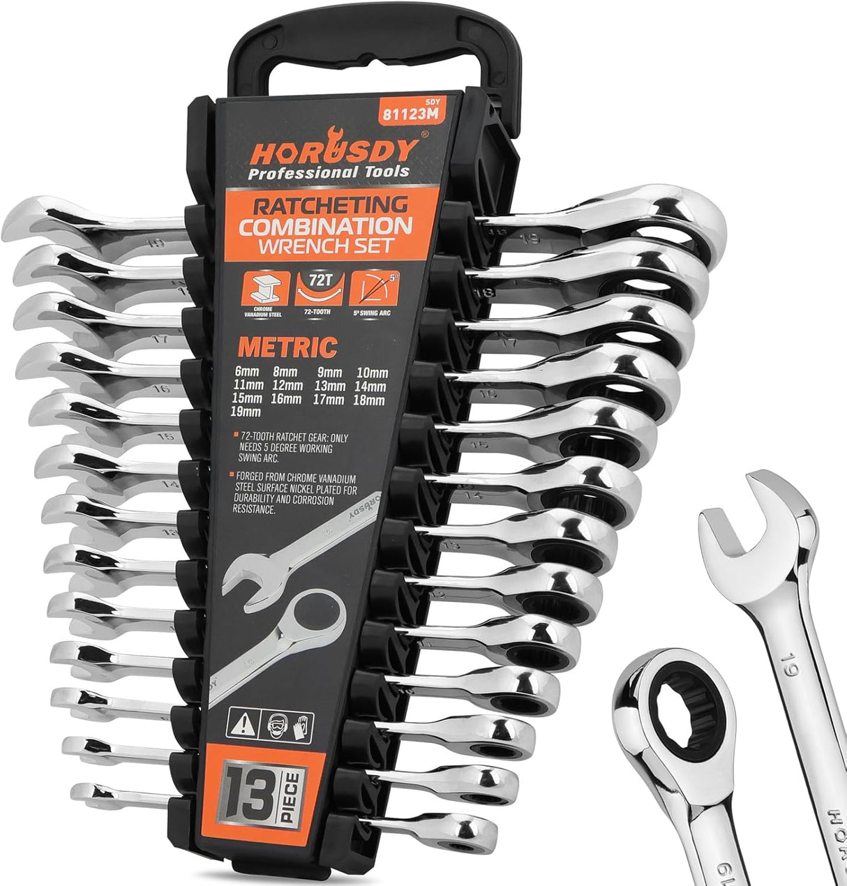 HORUSDY 13-piece metric ratcheting wrench set from 6mm to 19mm with CR-V steel and storage tray
