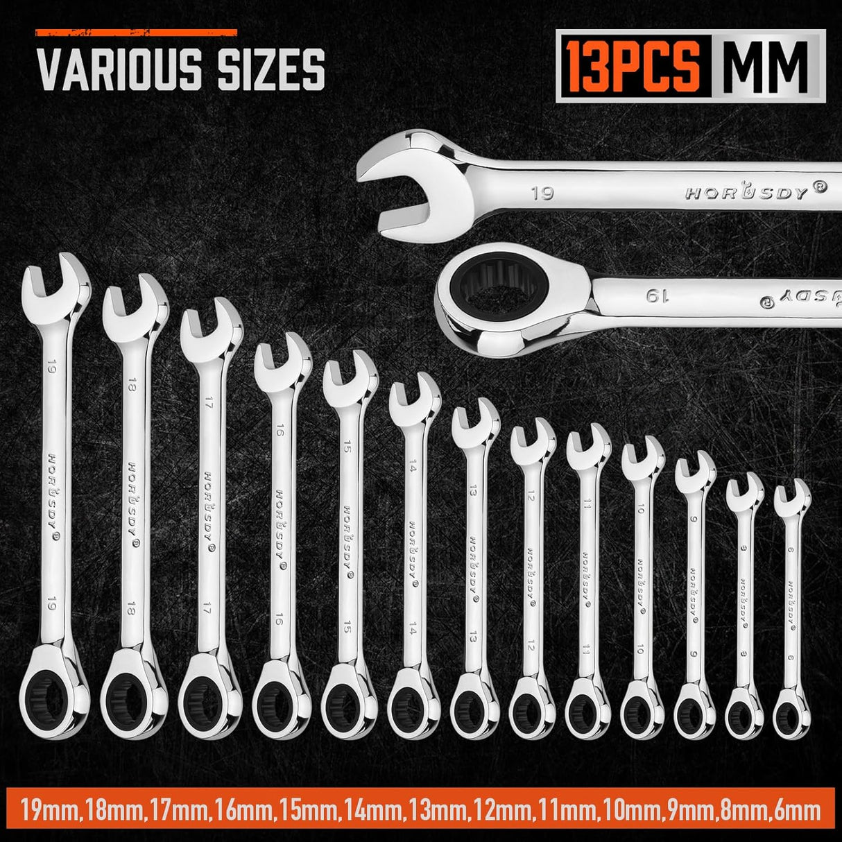 HORUSDY 13-piece metric ratcheting wrench set from 6mm to 19mm with CR-V steel and storage tray