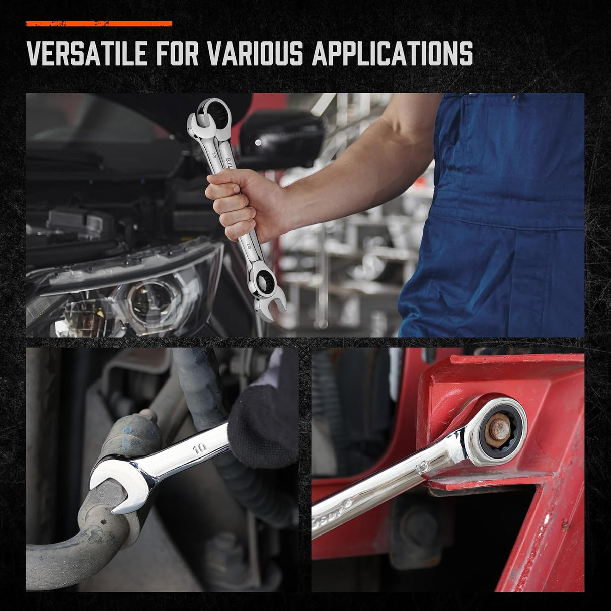 HORUSDY 13-piece metric ratcheting wrench set from 6mm to 19mm with CR-V steel and storage tray