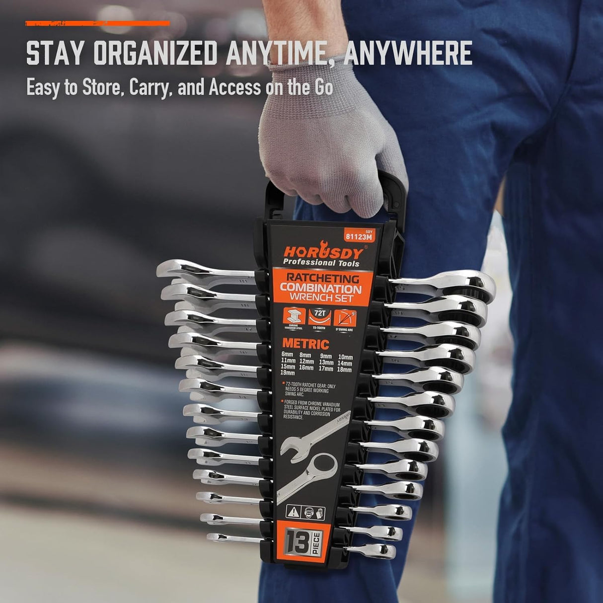 HORUSDY 13-piece metric ratcheting wrench set from 6mm to 19mm with CR-V steel and storage tray