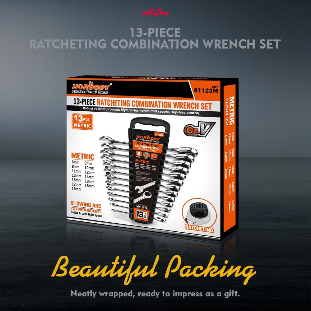 HORUSDY 13-piece metric ratcheting wrench set from 6mm to 19mm with CR-V steel and storage tray