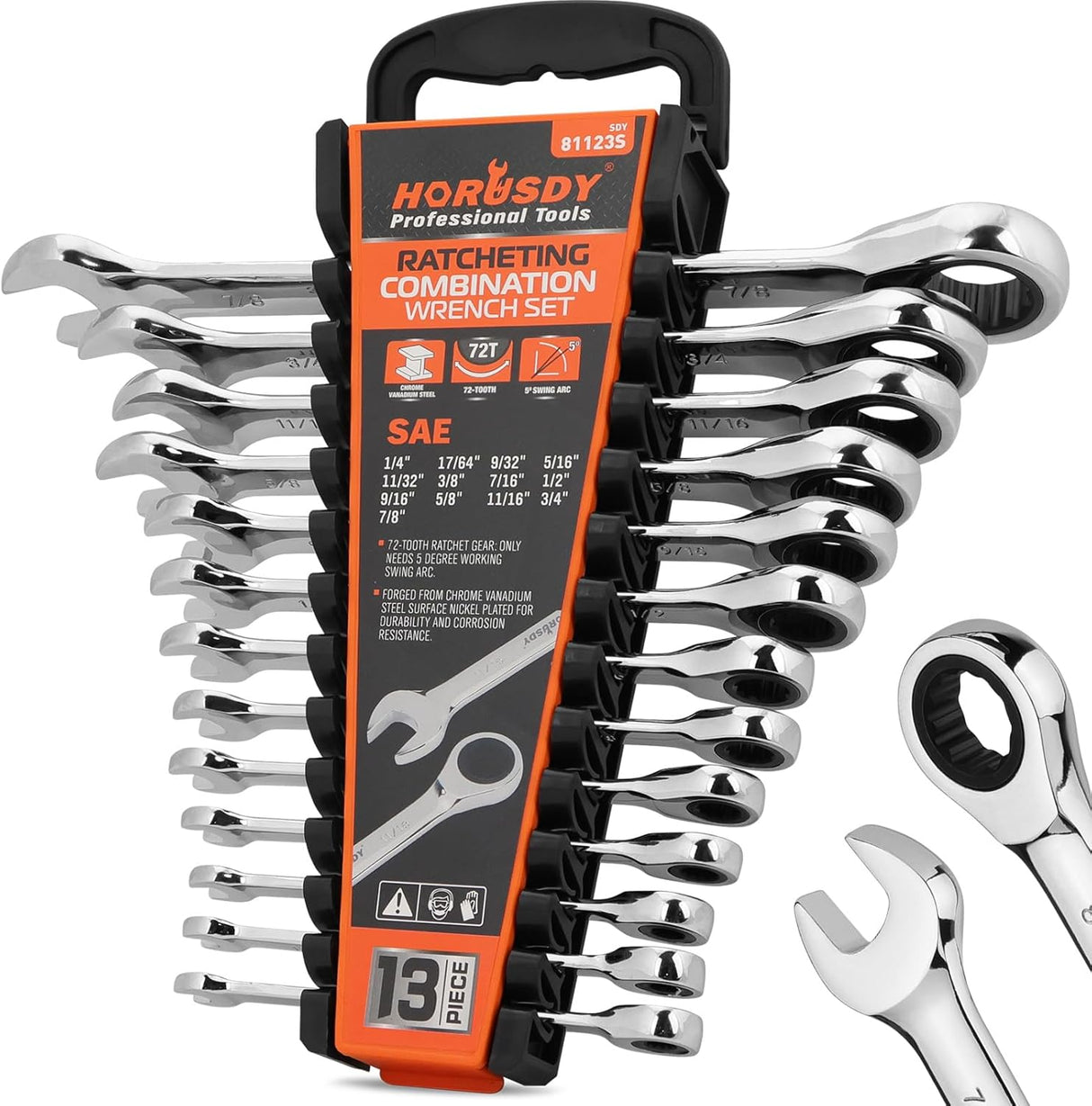 HORUSDY 13-piece SAE ratcheting wrench set from 1/4 inch to 7/8 inch with CR-V steel and storage tray