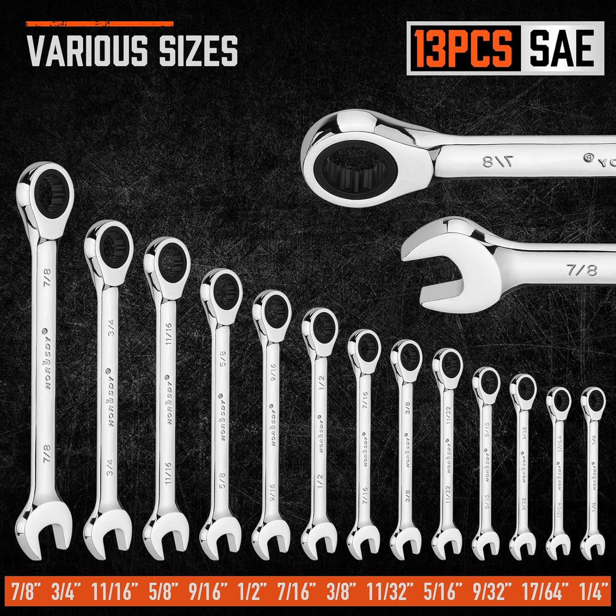 HORUSDY 13-piece SAE ratcheting wrench set from 1/4 inch to 7/8 inch with CR-V steel and storage tray