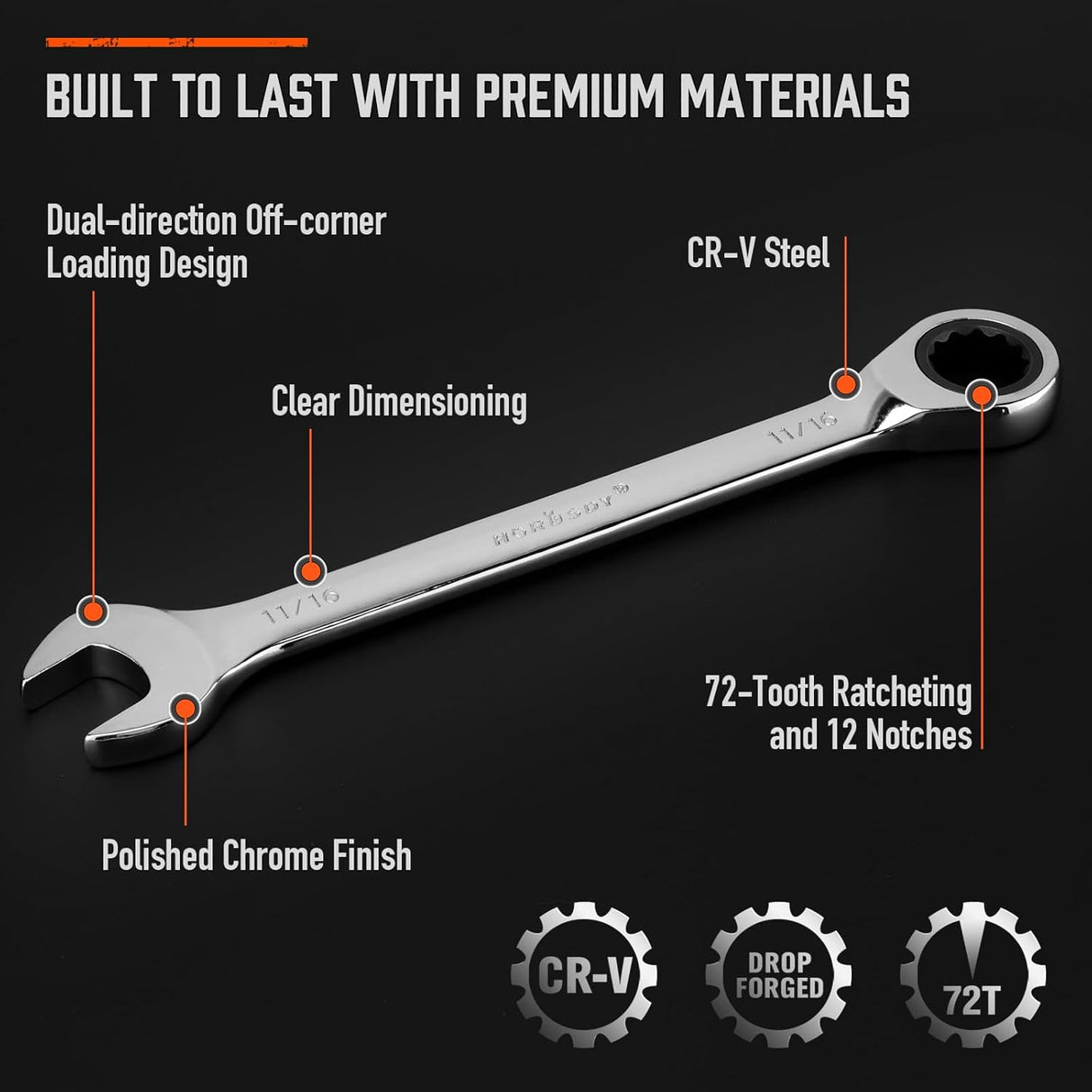 HORUSDY 13-piece SAE ratcheting wrench set from 1/4 inch to 7/8 inch with CR-V steel and storage tray
