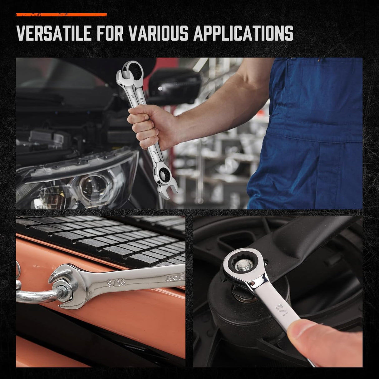 HORUSDY 13-piece SAE ratcheting wrench set from 1/4 inch to 7/8 inch with CR-V steel and storage tray