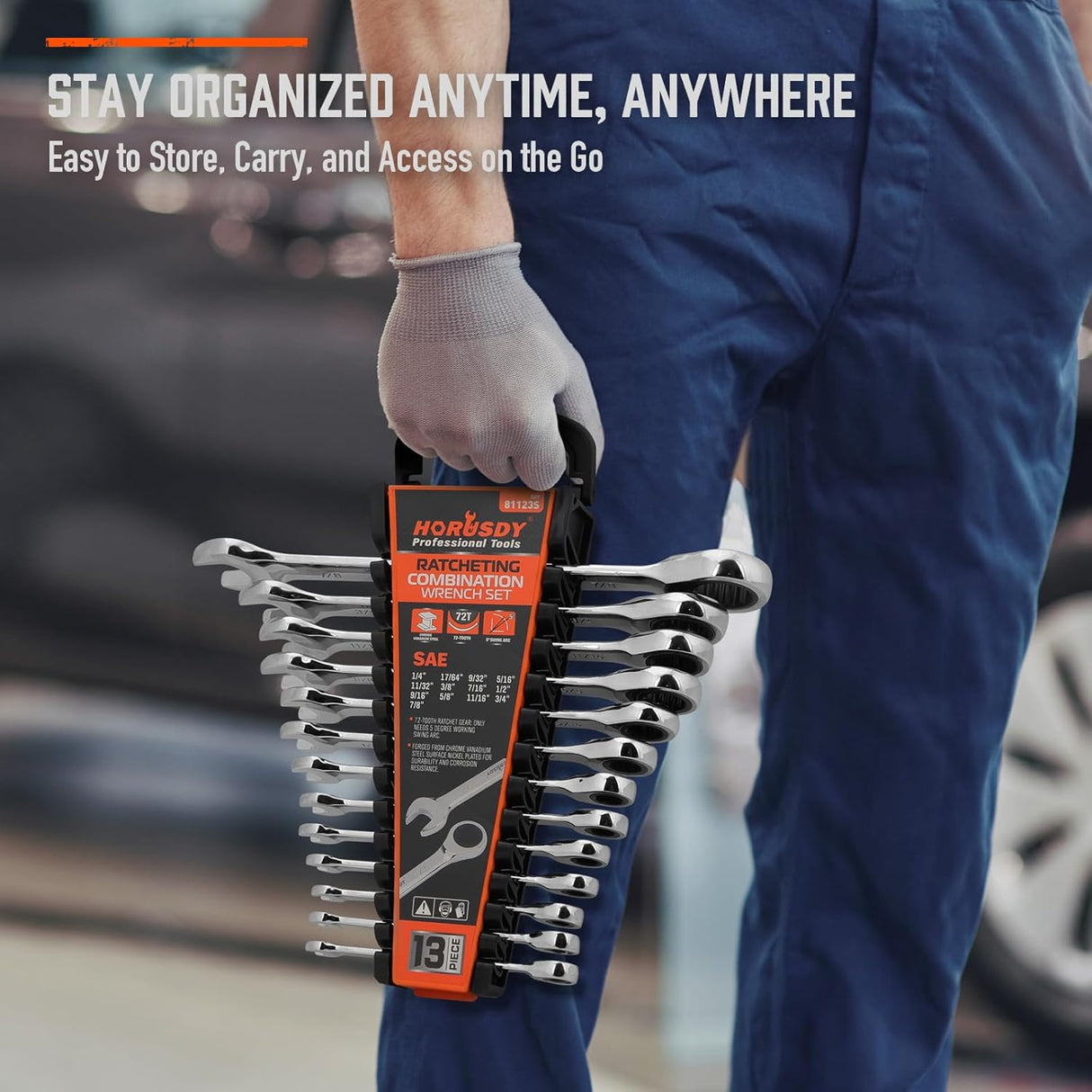 HORUSDY 13-piece SAE ratcheting wrench set from 1/4 inch to 7/8 inch with CR-V steel and storage tray