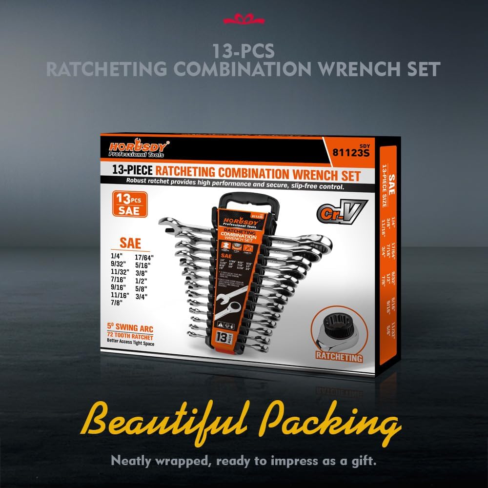 HORUSDY 13-piece SAE ratcheting wrench set from 1/4 inch to 7/8 inch with CR-V steel and storage tray