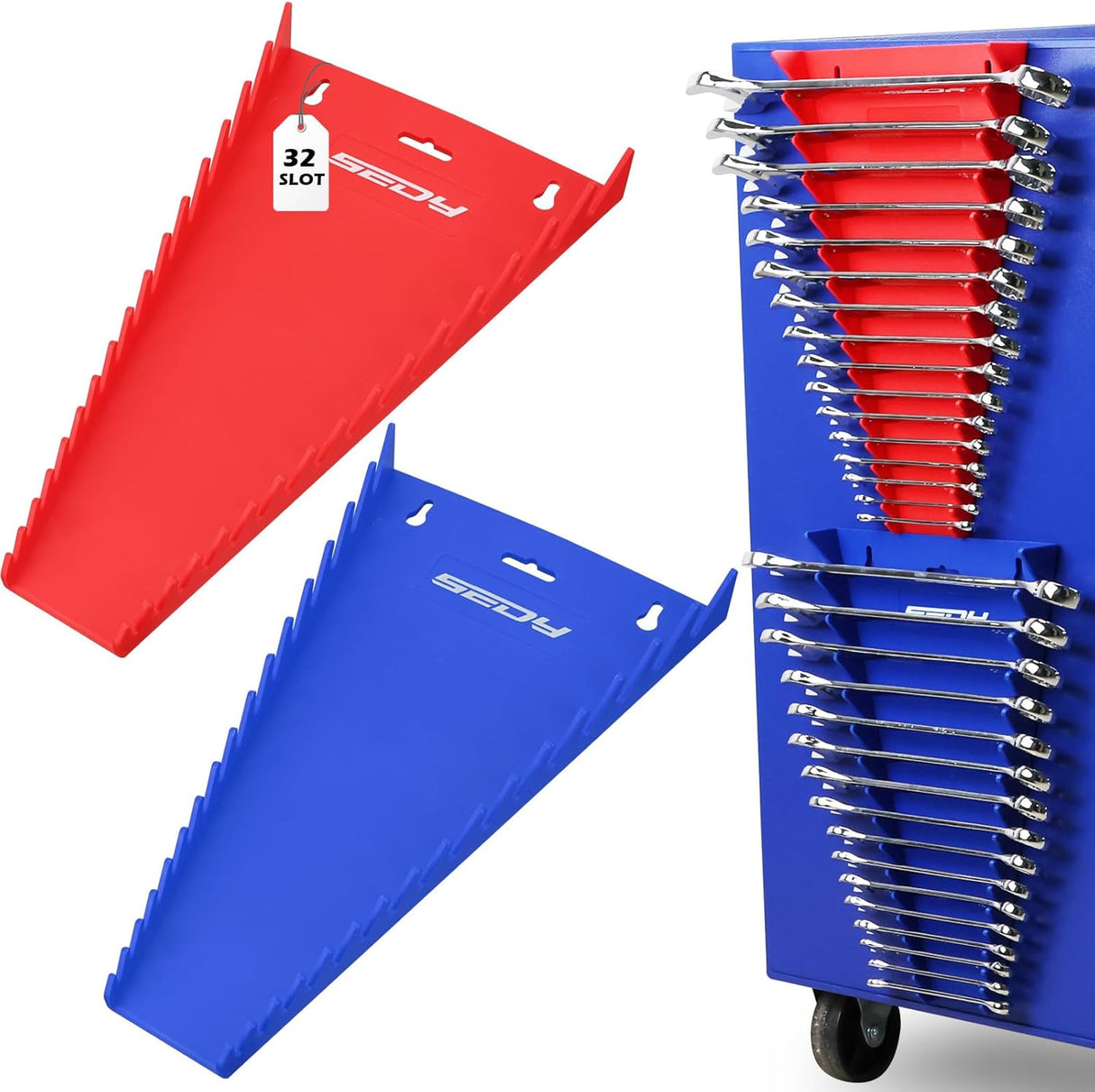 SEDY 2PC Magnetic Wrench Organizer 32-Slot SAE Metric Holder