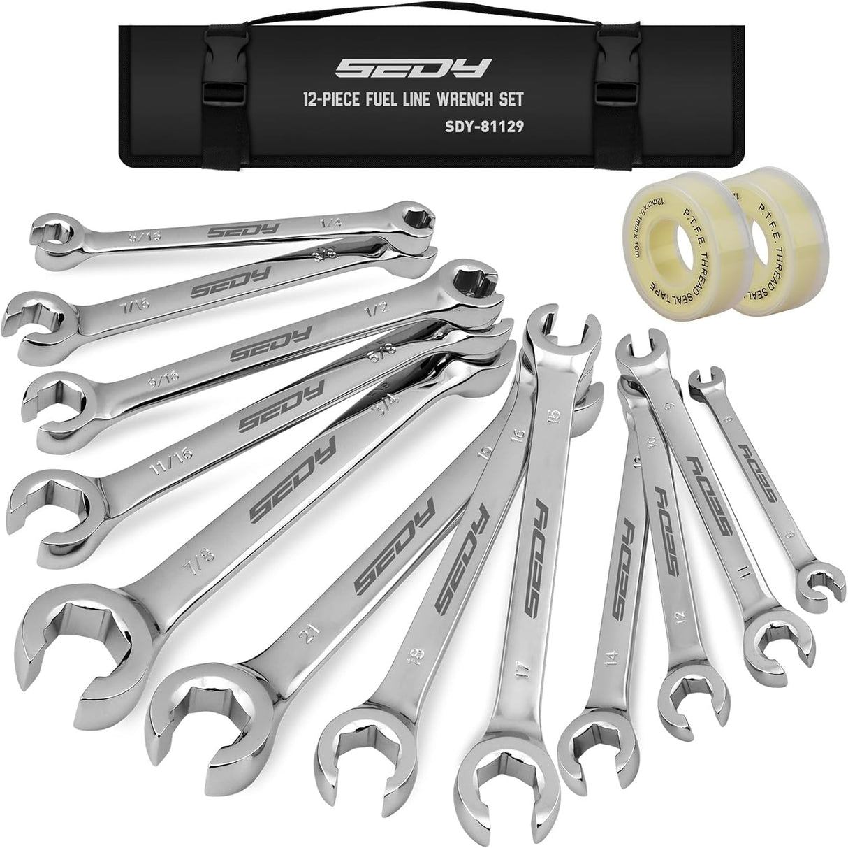 12-Piece Fuel Line Wrench Set, SAE & Metric, Chrome Vanadium Steel, 72-Tooth Precision, Premium Rolling Bag