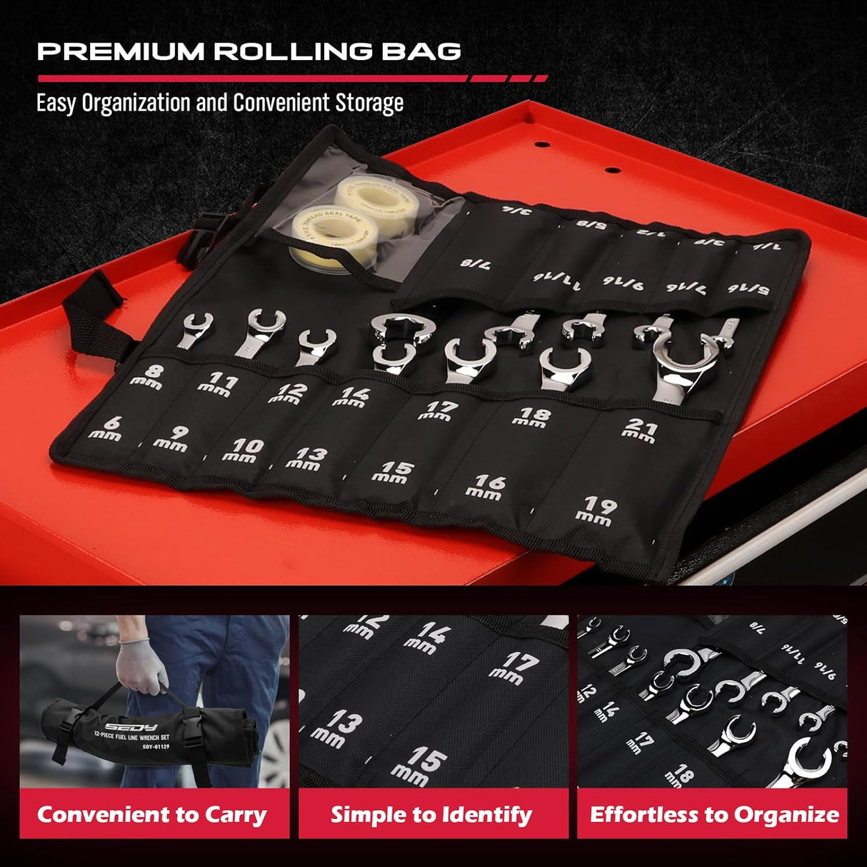 12-Piece Fuel Line Wrench Set, SAE & Metric, Chrome Vanadium Steel, 72-Tooth Precision, Premium Rolling Bag