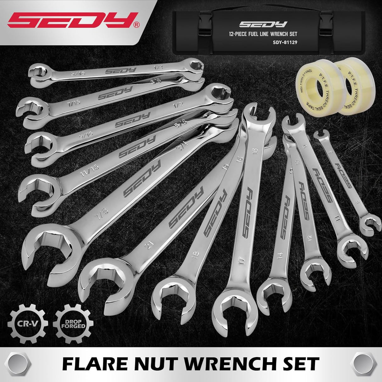 12-Piece Fuel Line Wrench Set, SAE & Metric, Chrome Vanadium Steel, 72-Tooth Precision, Premium Rolling Bag