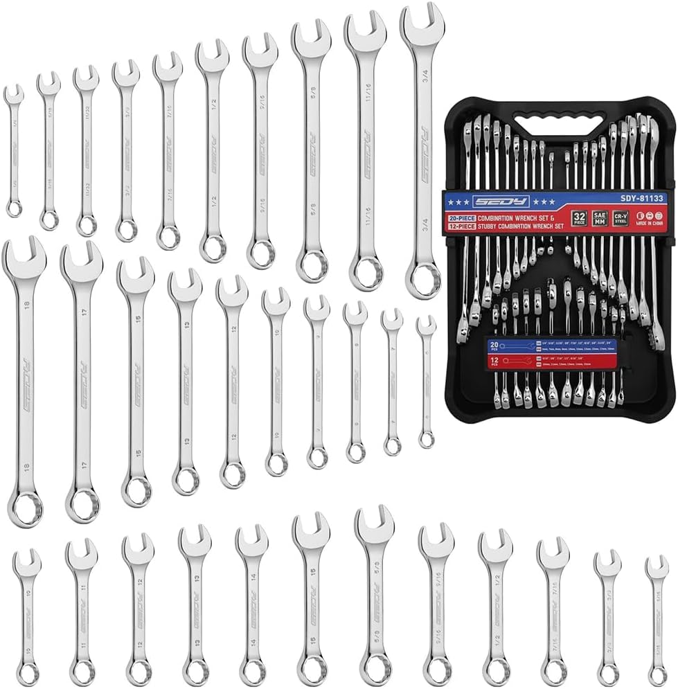 SEDY 32-piece SAE and metric combination wrench set with chrome finish, portable organizer tray, and polished 12-point box ends