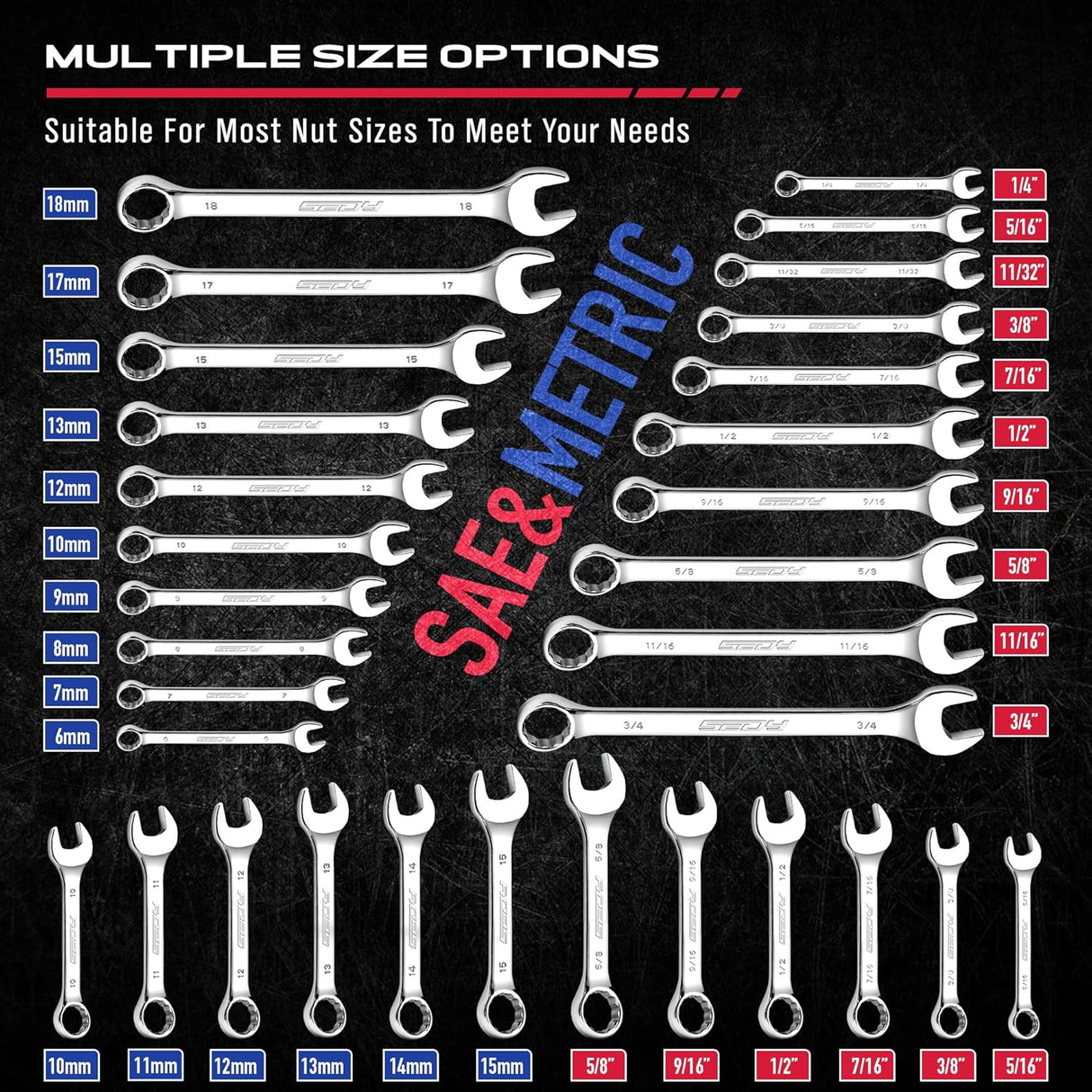 SEDY 32-piece SAE and metric combination wrench set with chrome finish, portable organizer tray, and polished 12-point box ends