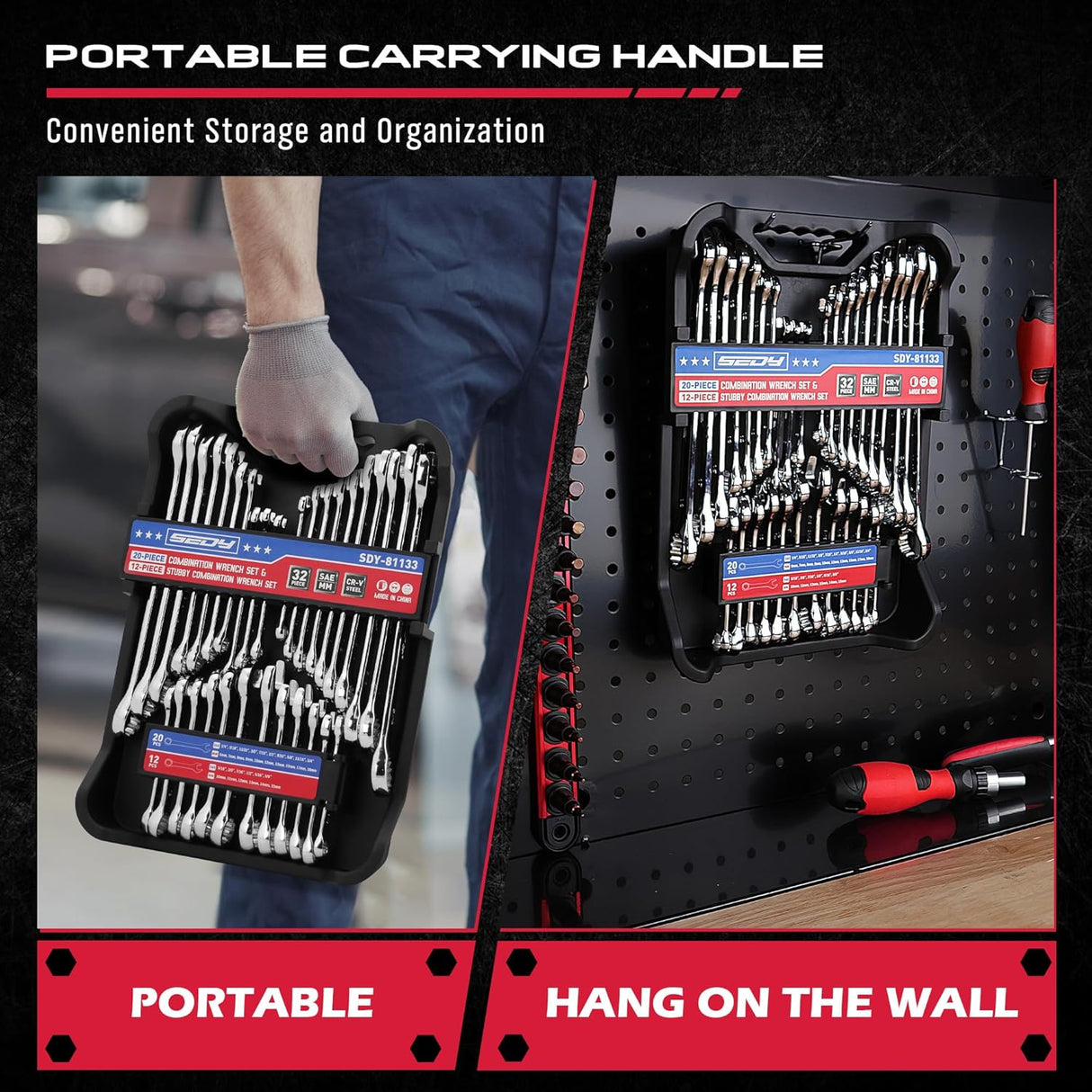 SEDY 32-piece SAE and metric combination wrench set with chrome finish, portable organizer tray, and polished 12-point box ends