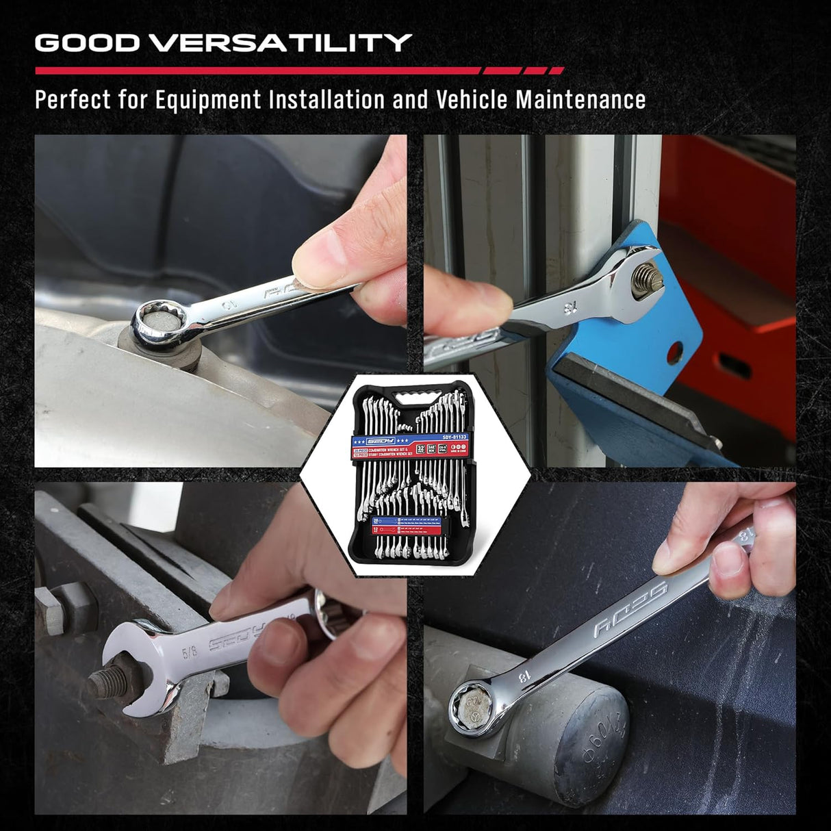 SEDY 32-piece SAE and metric combination wrench set with chrome finish, portable organizer tray, and polished 12-point box ends