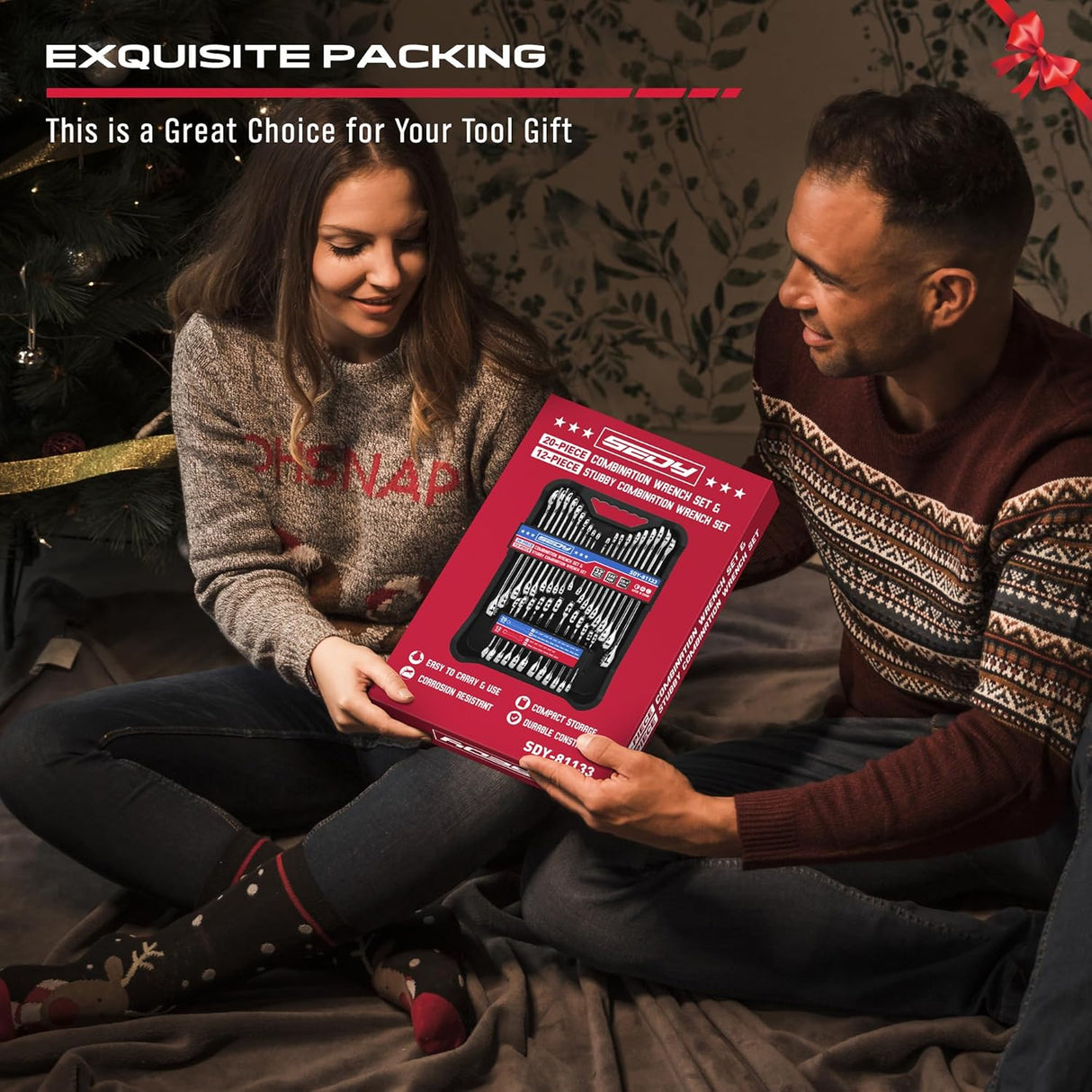 SEDY 32-piece SAE and metric combination wrench set with chrome finish, portable organizer tray, and polished 12-point box ends