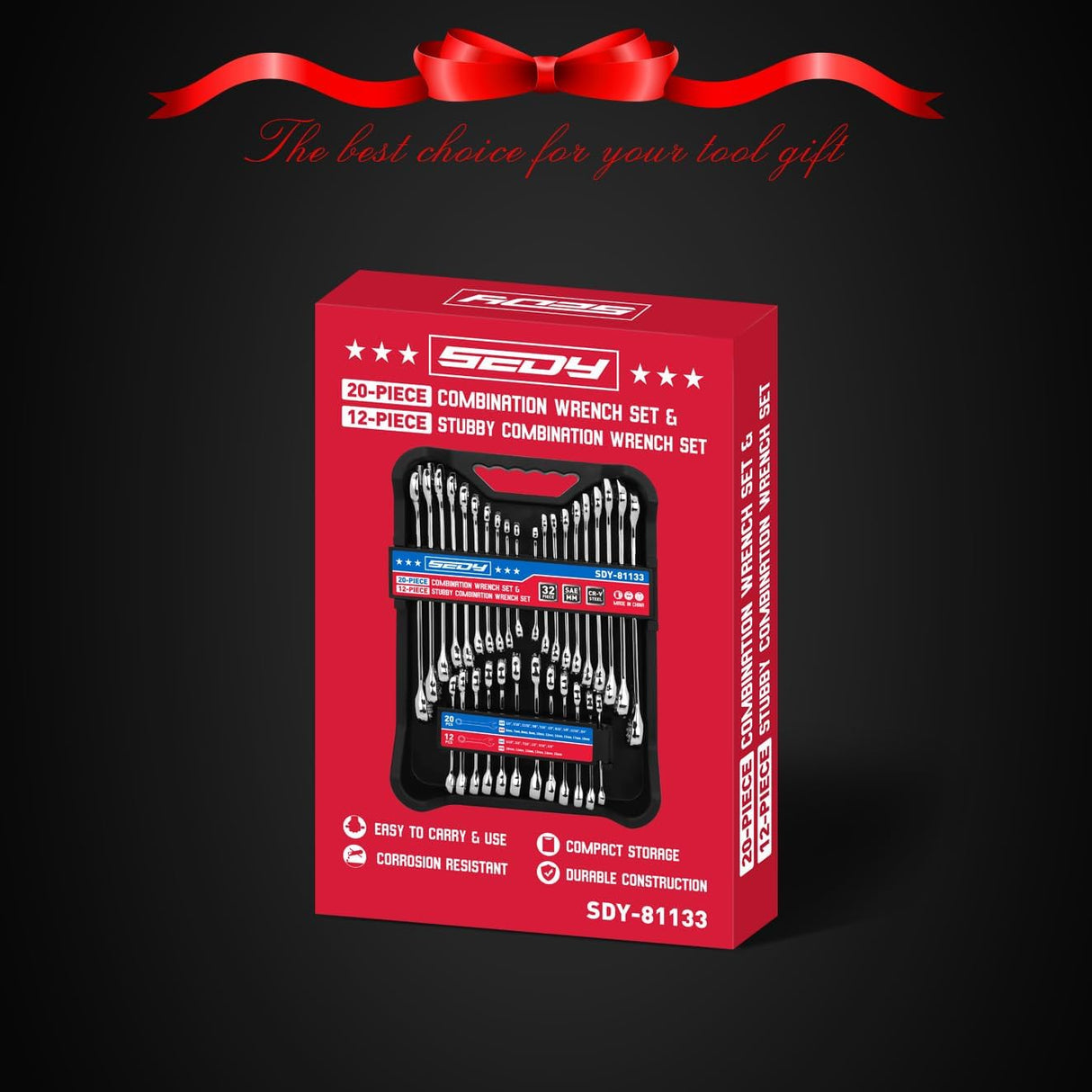 SEDY 32-piece SAE and metric combination wrench set with chrome finish, portable organizer tray, and polished 12-point box ends