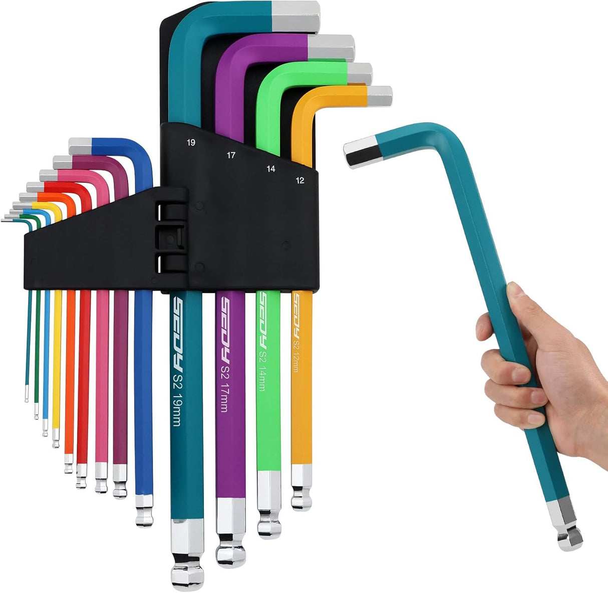 Color-coded 13-piece metric long arm hex key wrench set with ball and flat ends, S2 steel construction, and folding holder for automotive and bike use.