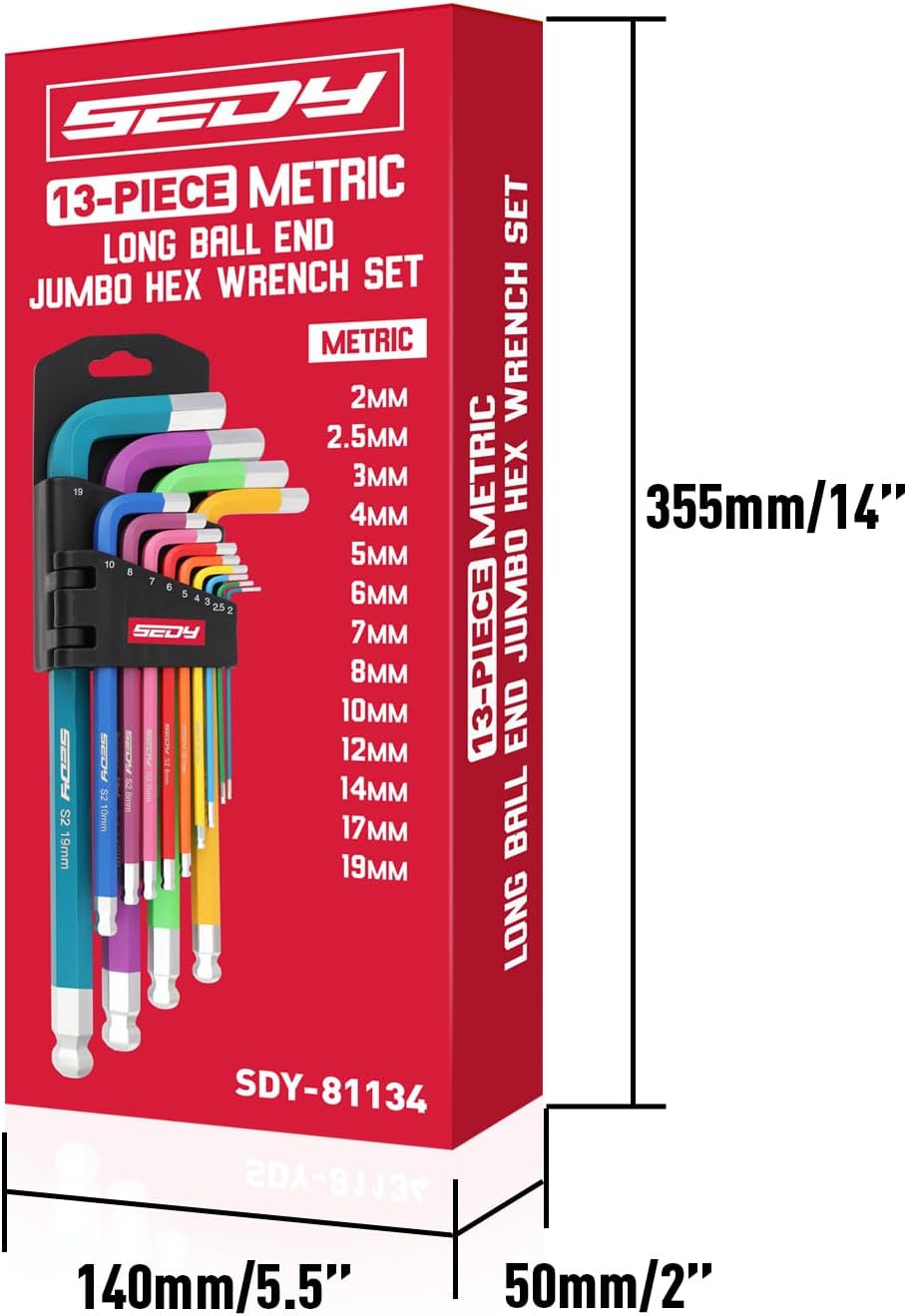 Color-coded 13-piece metric long arm hex key wrench set with ball and flat ends, S2 steel construction, and folding holder for automotive and bike use.