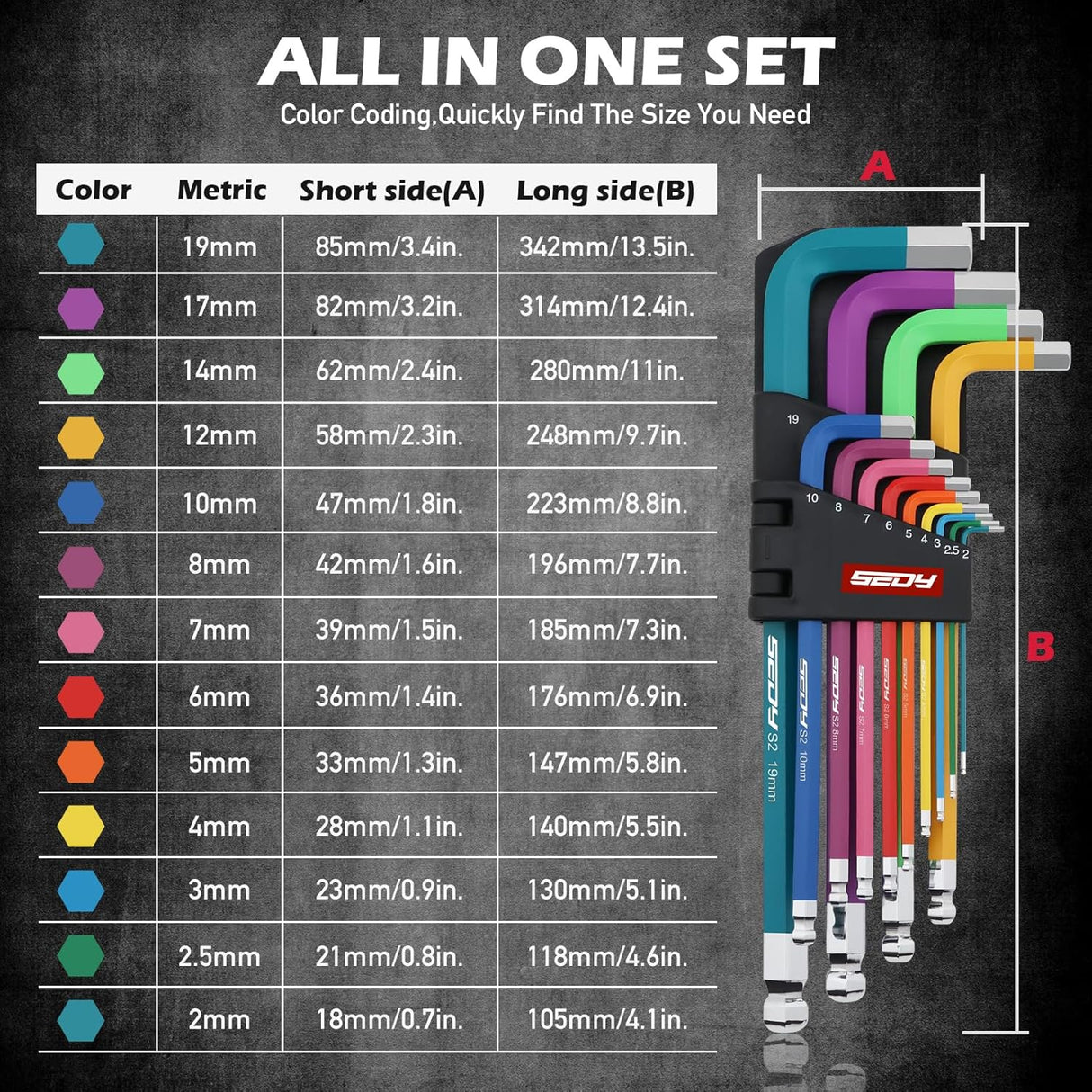 Color-coded 13-piece metric long arm hex key wrench set with ball and flat ends, S2 steel construction, and folding holder for automotive and bike use.