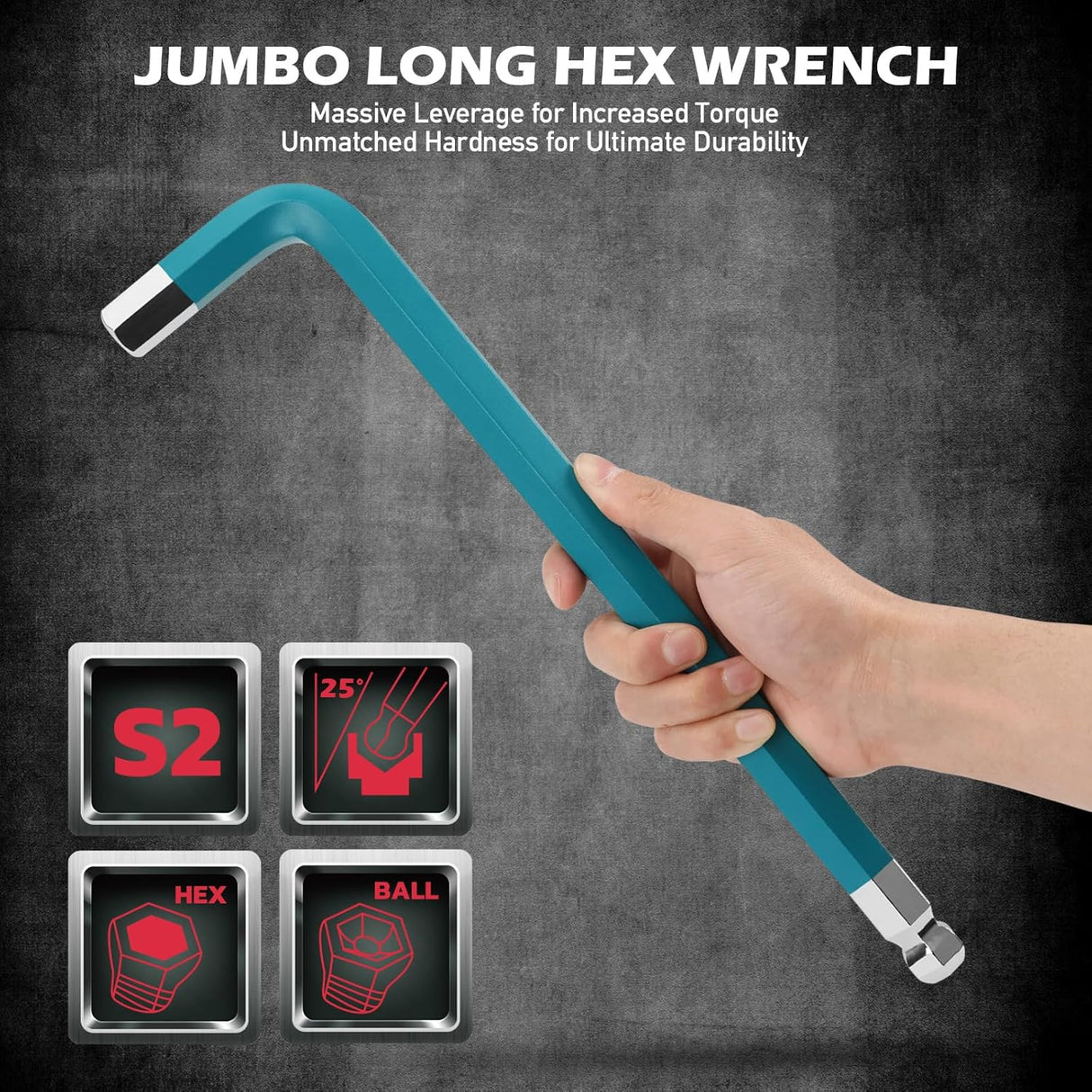 Color-coded 13-piece metric long arm hex key wrench set with ball and flat ends, S2 steel construction, and folding holder for automotive and bike use.