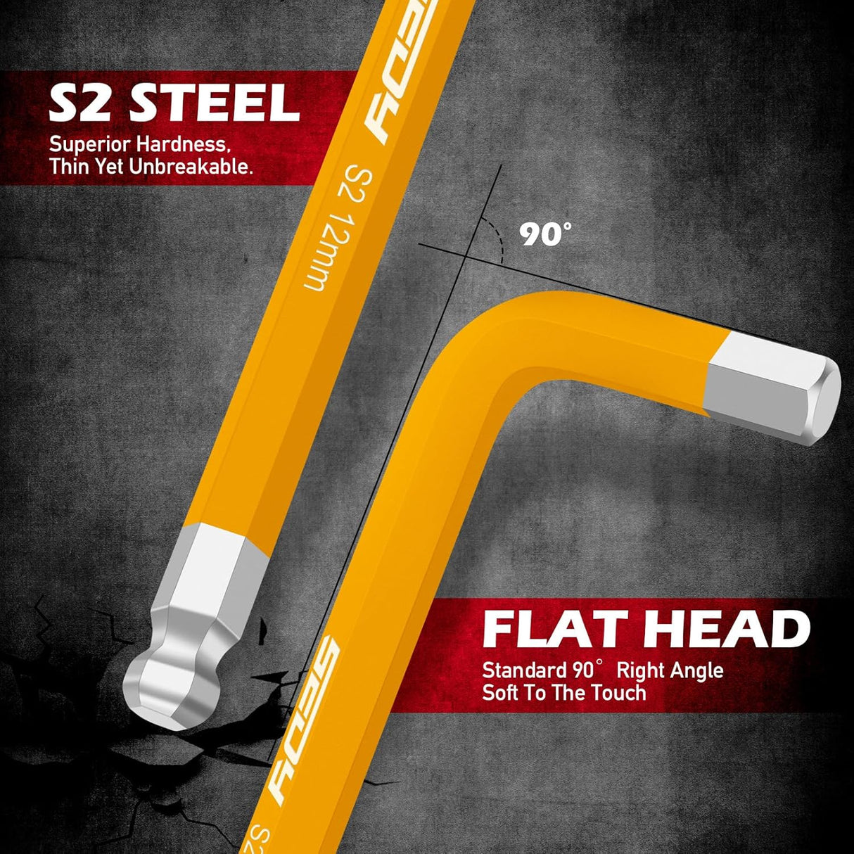 Color-coded 13-piece metric long arm hex key wrench set with ball and flat ends, S2 steel construction, and folding holder for automotive and bike use.