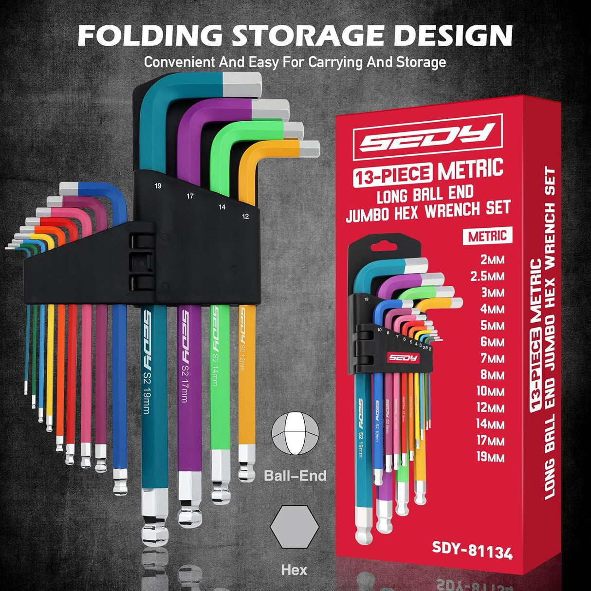 Color-coded 13-piece metric long arm hex key wrench set with ball and flat ends, S2 steel construction, and folding holder for automotive and bike use.