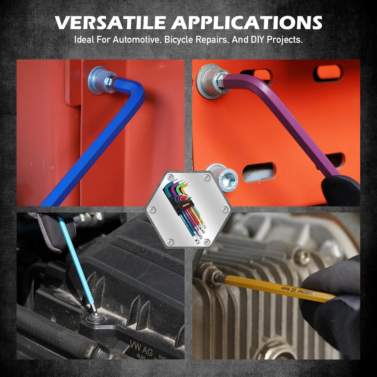 Color-coded 13-piece metric long arm hex key wrench set with ball and flat ends, S2 steel construction, and folding holder for automotive and bike use.