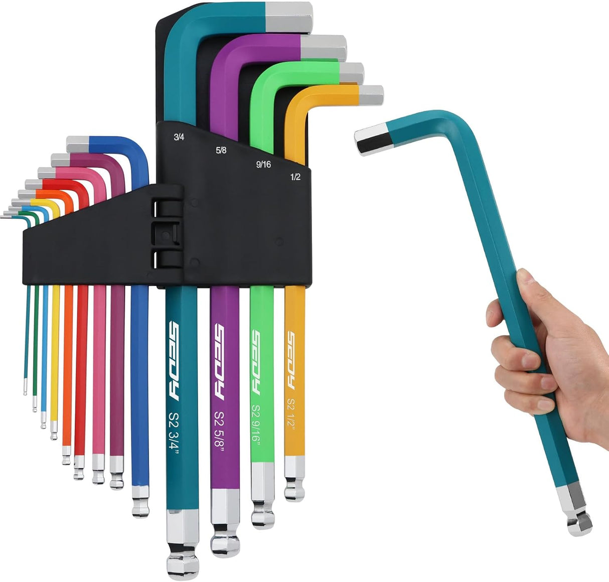 13-piece SAE long arm hex wrench set with color-coded handles, ball and flat ends, heavy-duty S2 steel, perfect for automotive and bike repairs.