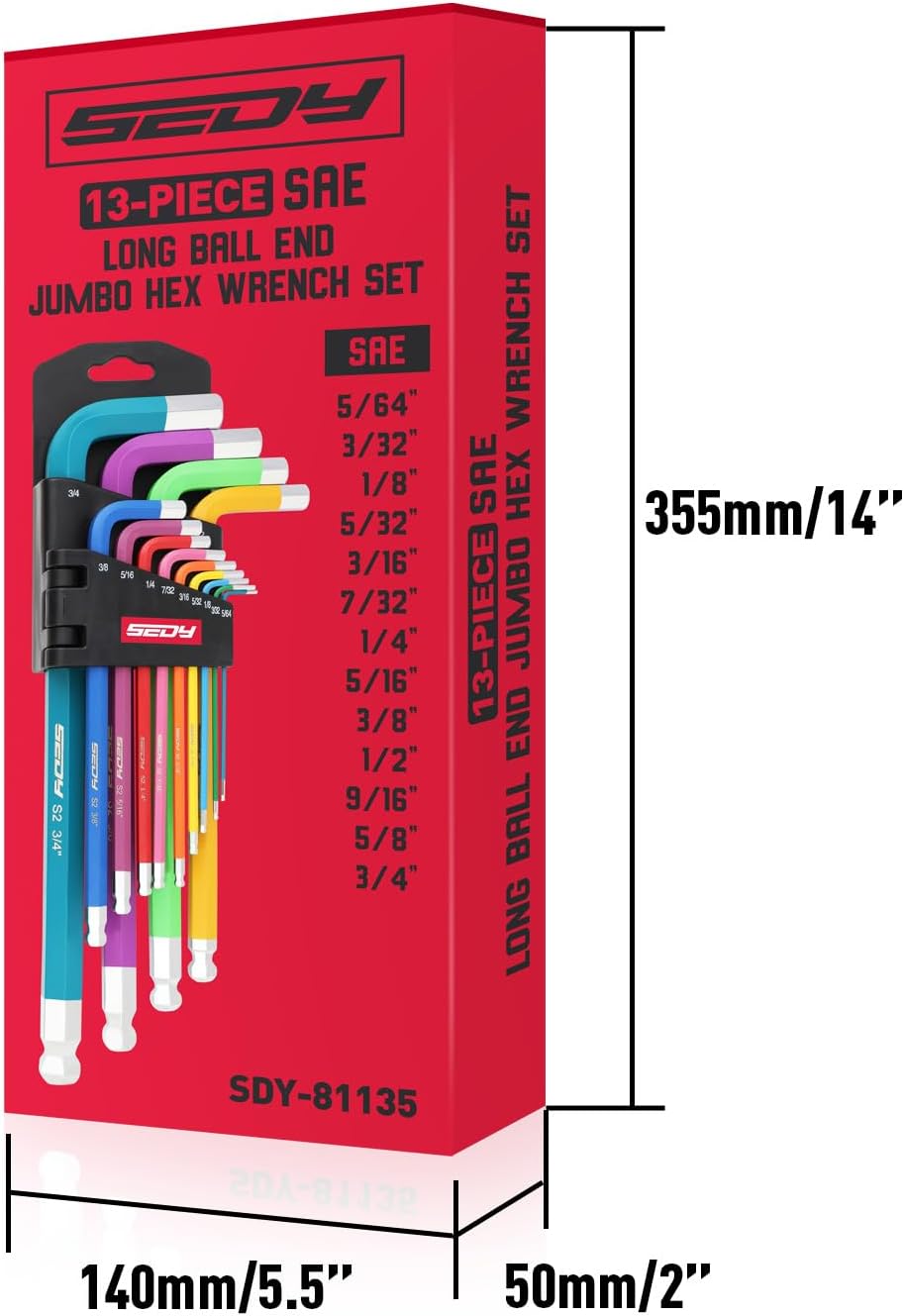 13-piece SAE long arm hex wrench set with color-coded handles, ball and flat ends, heavy-duty S2 steel, perfect for automotive and bike repairs.