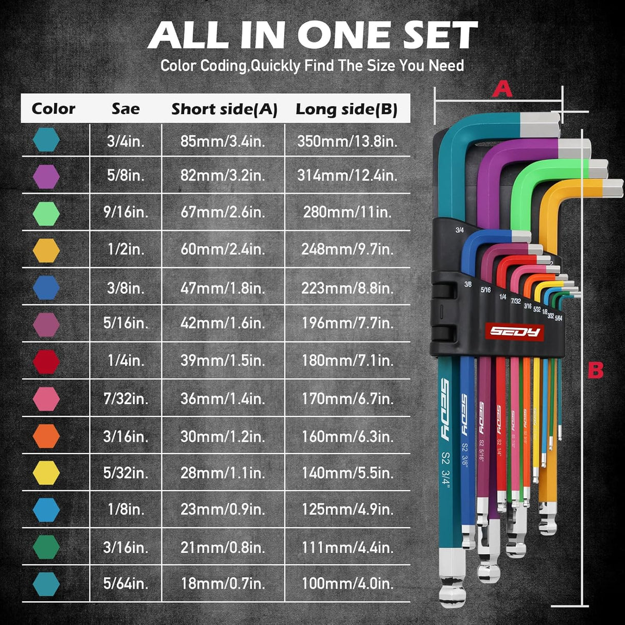 13-piece SAE long arm hex wrench set with color-coded handles, ball and flat ends, heavy-duty S2 steel, perfect for automotive and bike repairs.