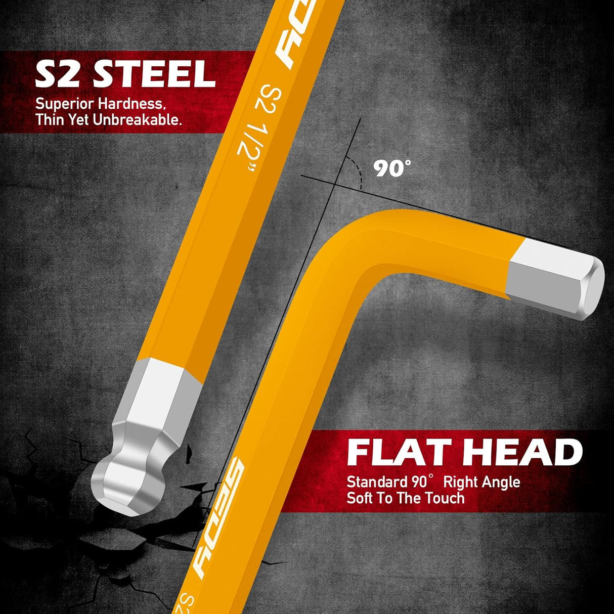 13-piece SAE long arm hex wrench set with color-coded handles, ball and flat ends, heavy-duty S2 steel, perfect for automotive and bike repairs.